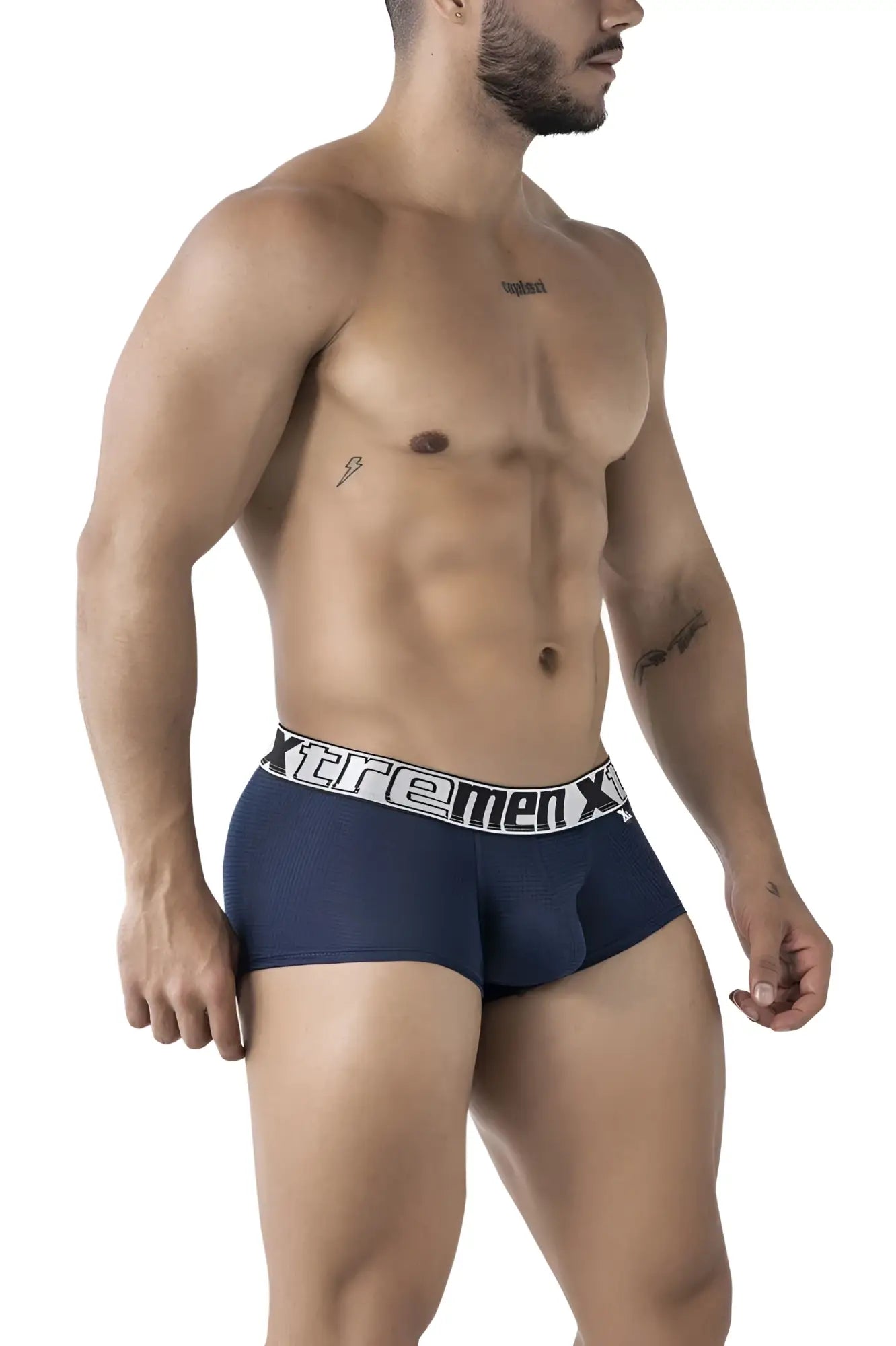 Navy xtremen 91222 microfiber boxer briefs with white elastic waistband and black brand logo lettering front view