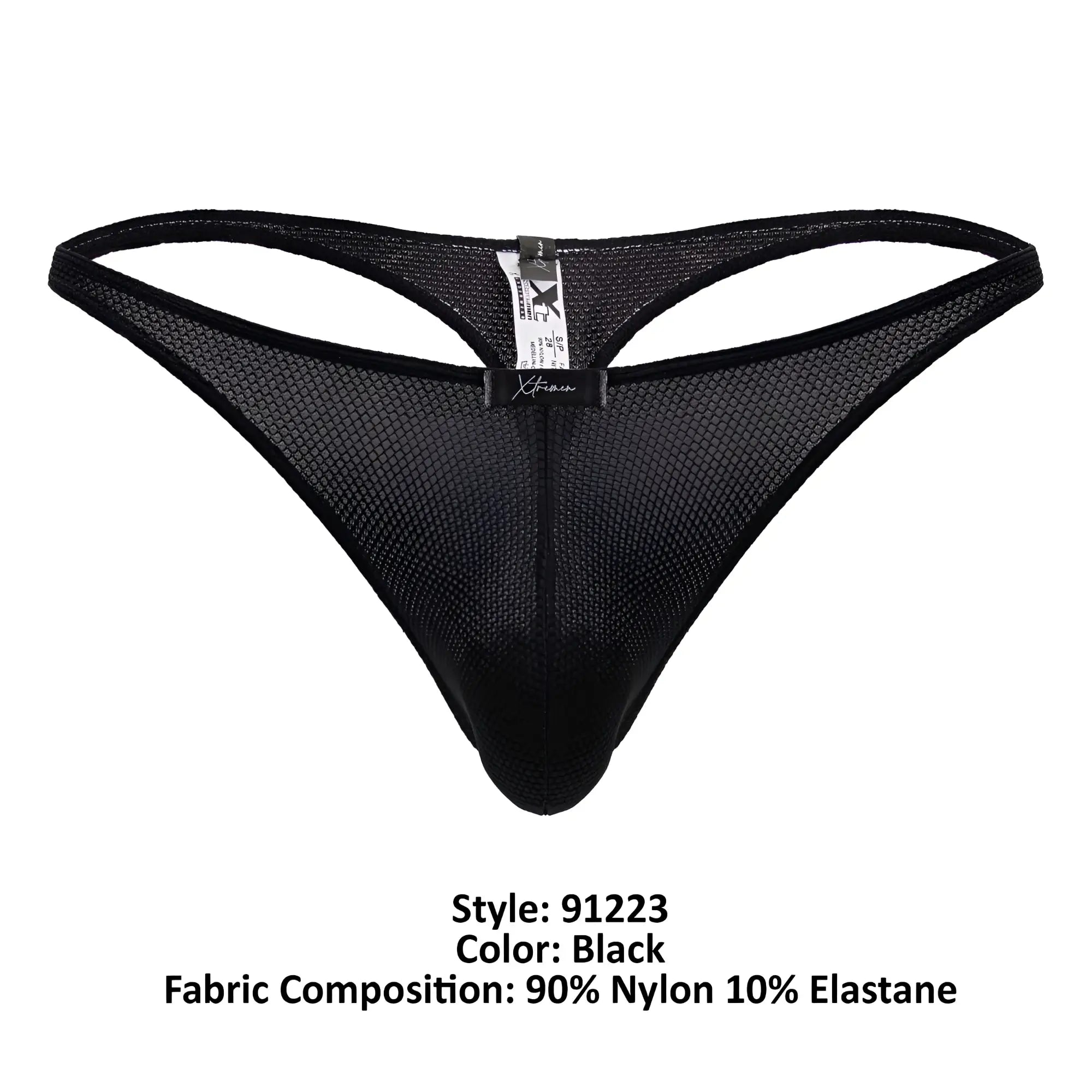 Black Xtremen 91223 microfiber thong with sleek form-fitting design black mesh and reinforced waistband front view