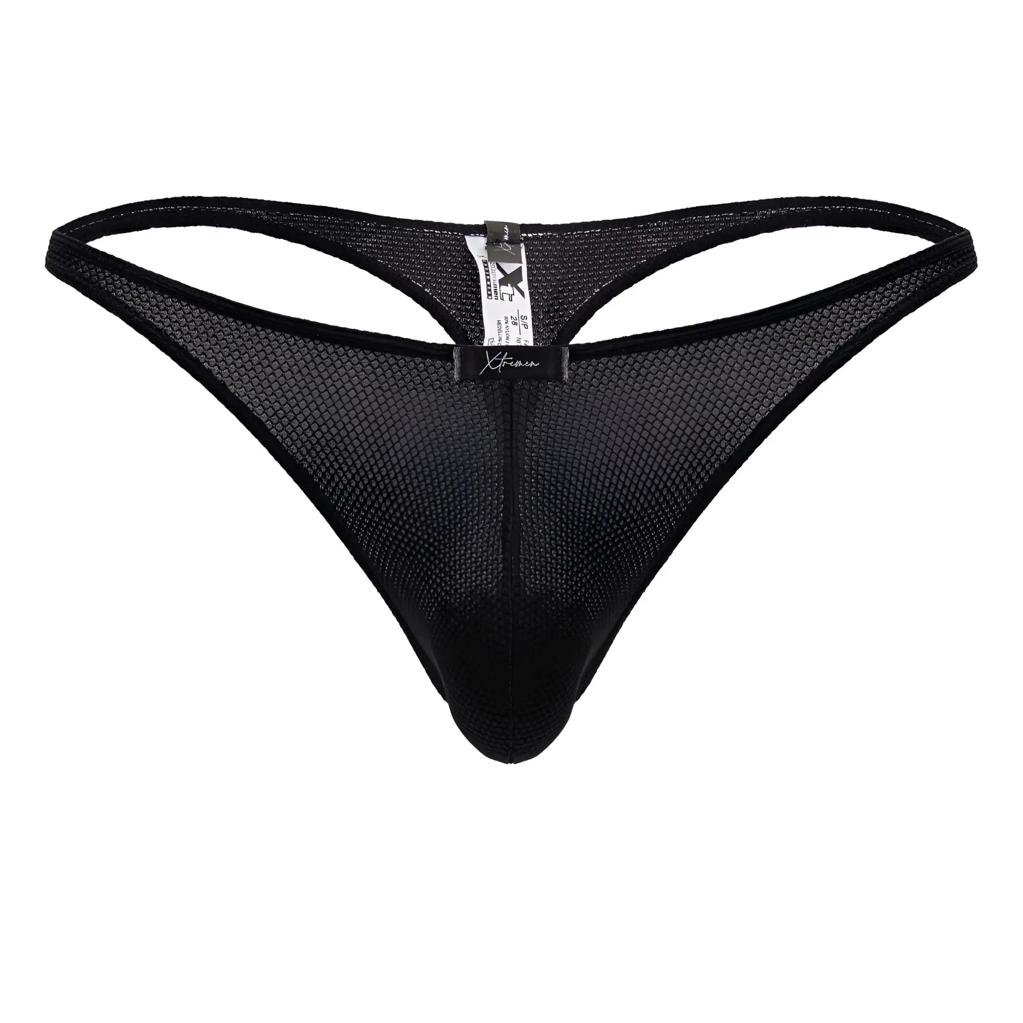 Black mesh xtremen 91223 microfiber thong back view with sleek form-fitting design and branded tag