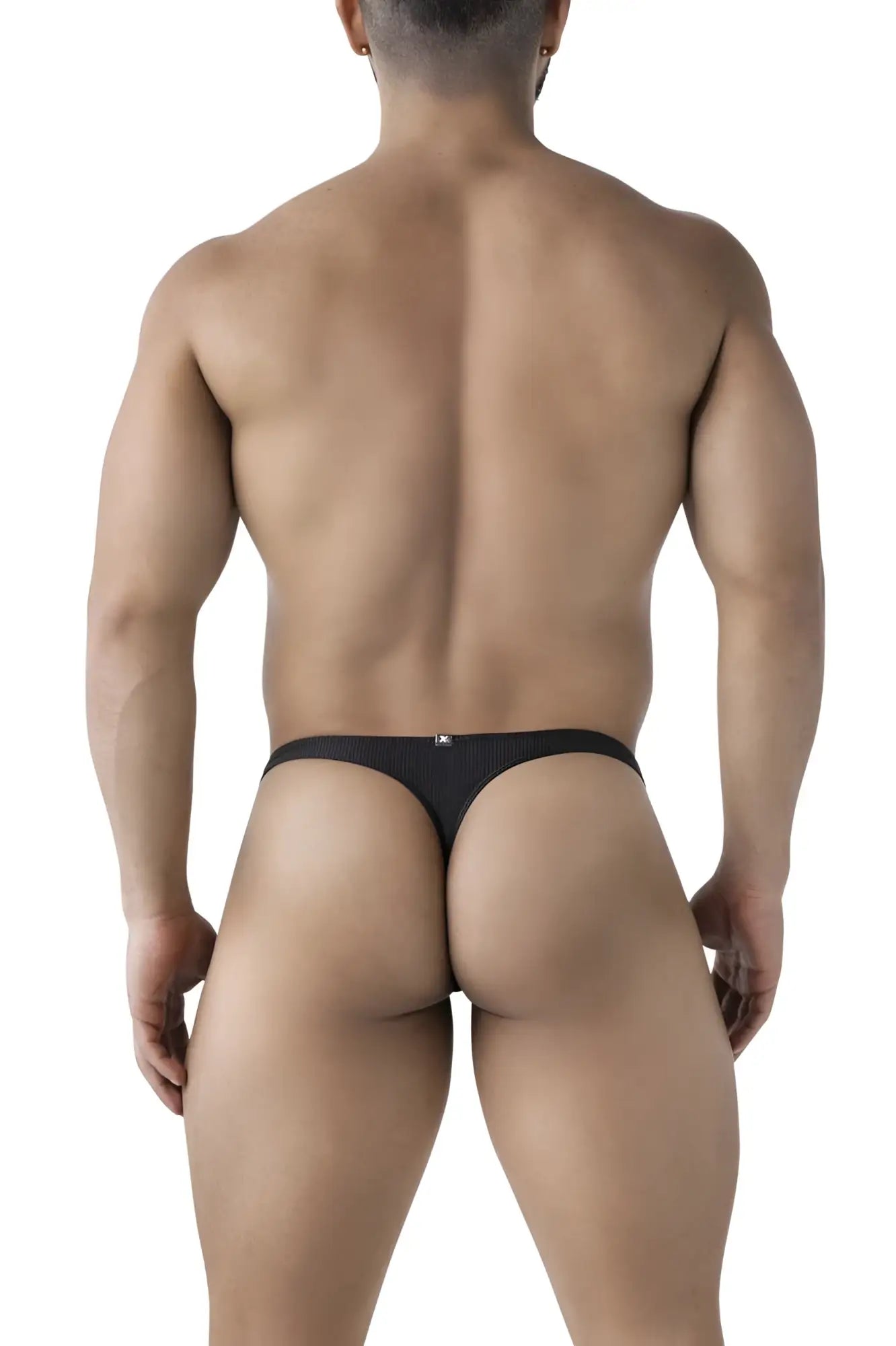 Black xtremen 91223 microfiber thong with ribbed texture and small logo on waistband showing front side