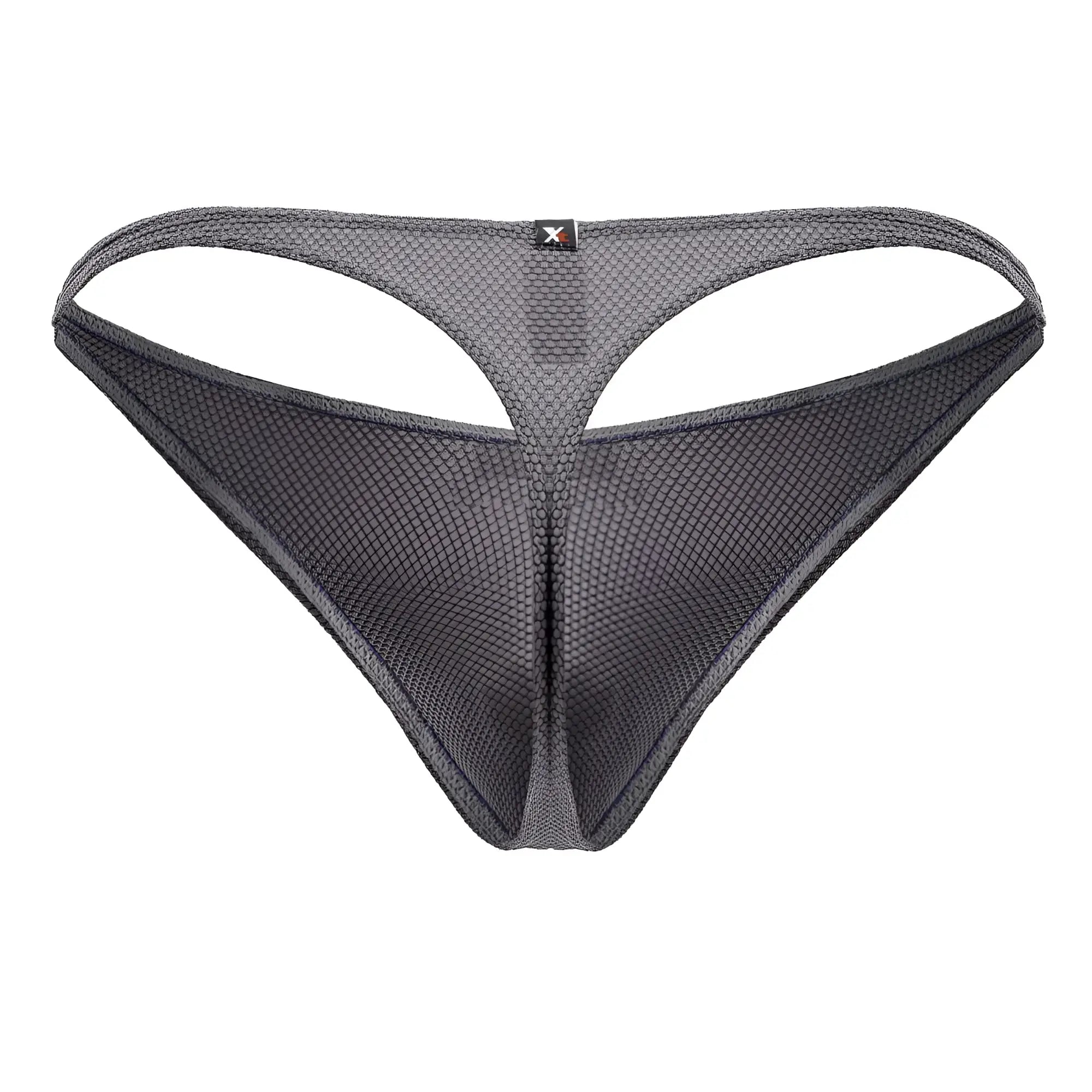 Dark gray mesh microfiber thong with subtle textured pattern and black logo tag at center waistband Xtremen 91223