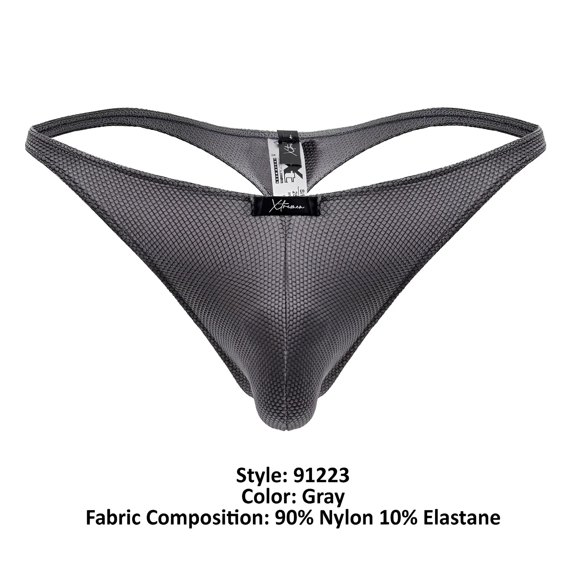 Gray microfiber mesh thong with subtle texture and reinforced waistband featuring xtreme brand label