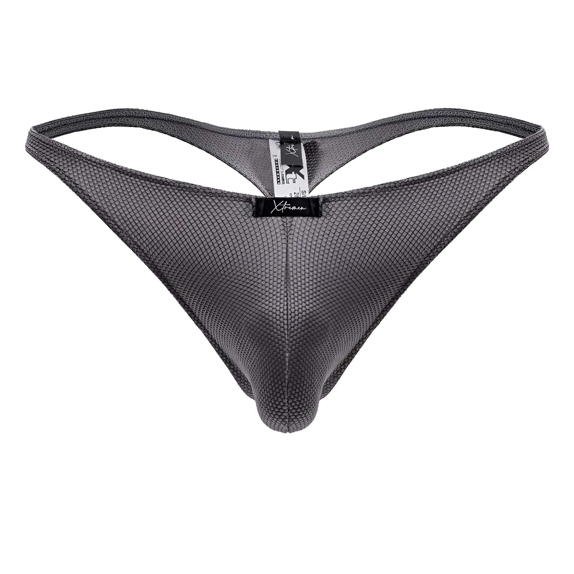 Gray xtremen 91223 microfiber thong with breathable textured mesh fabric and black brand tag at the center front