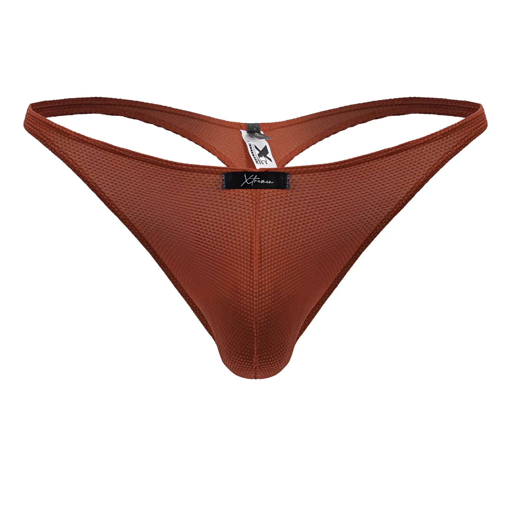 Brown textured mesh microfiber thong with black xtreme brand tag from xtremen 91223 microfiber thongs color red