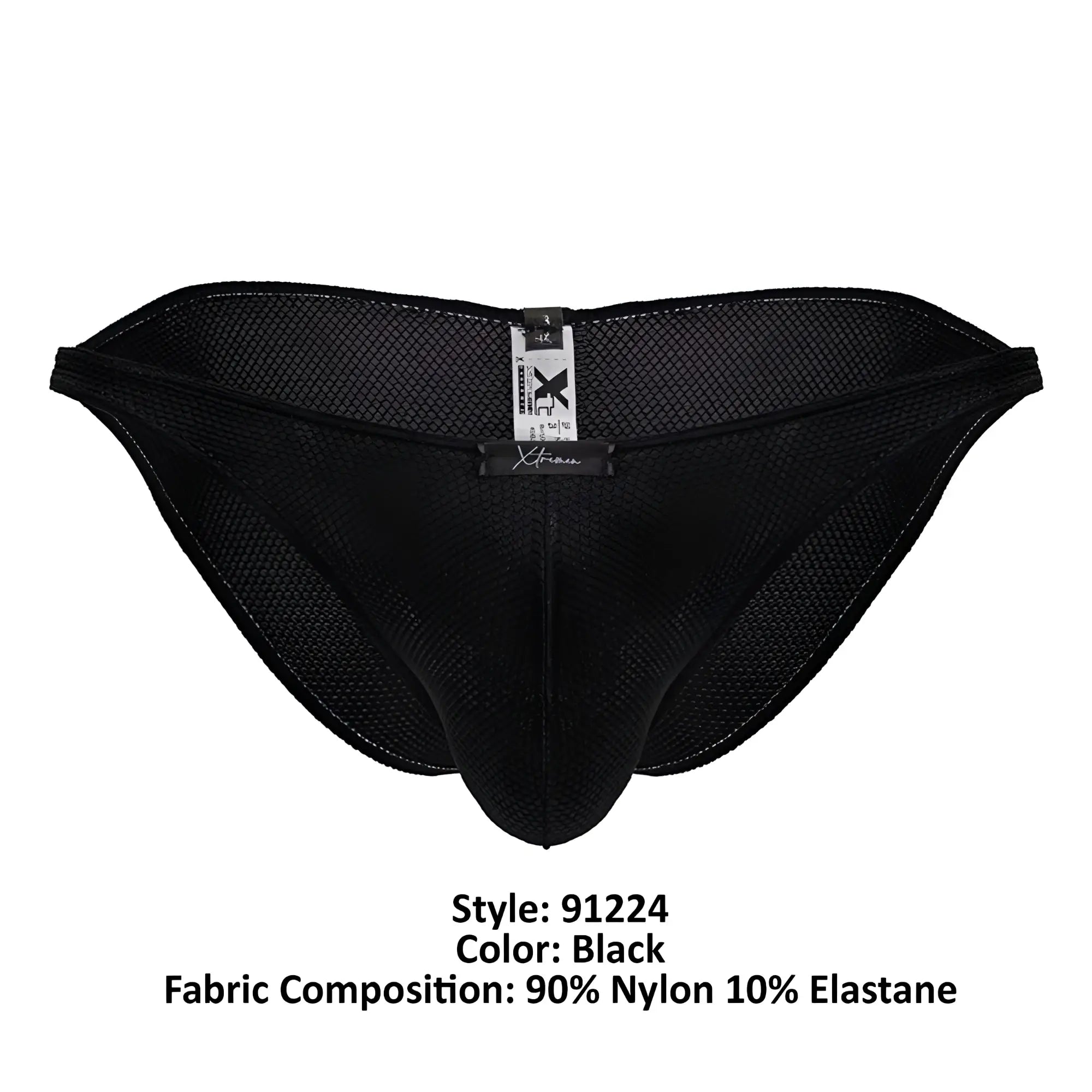 Black xtremen 91224 microfiber bikini briefs with sleek black mesh design made of 90% nylon 10% elastane with reinforced stitching