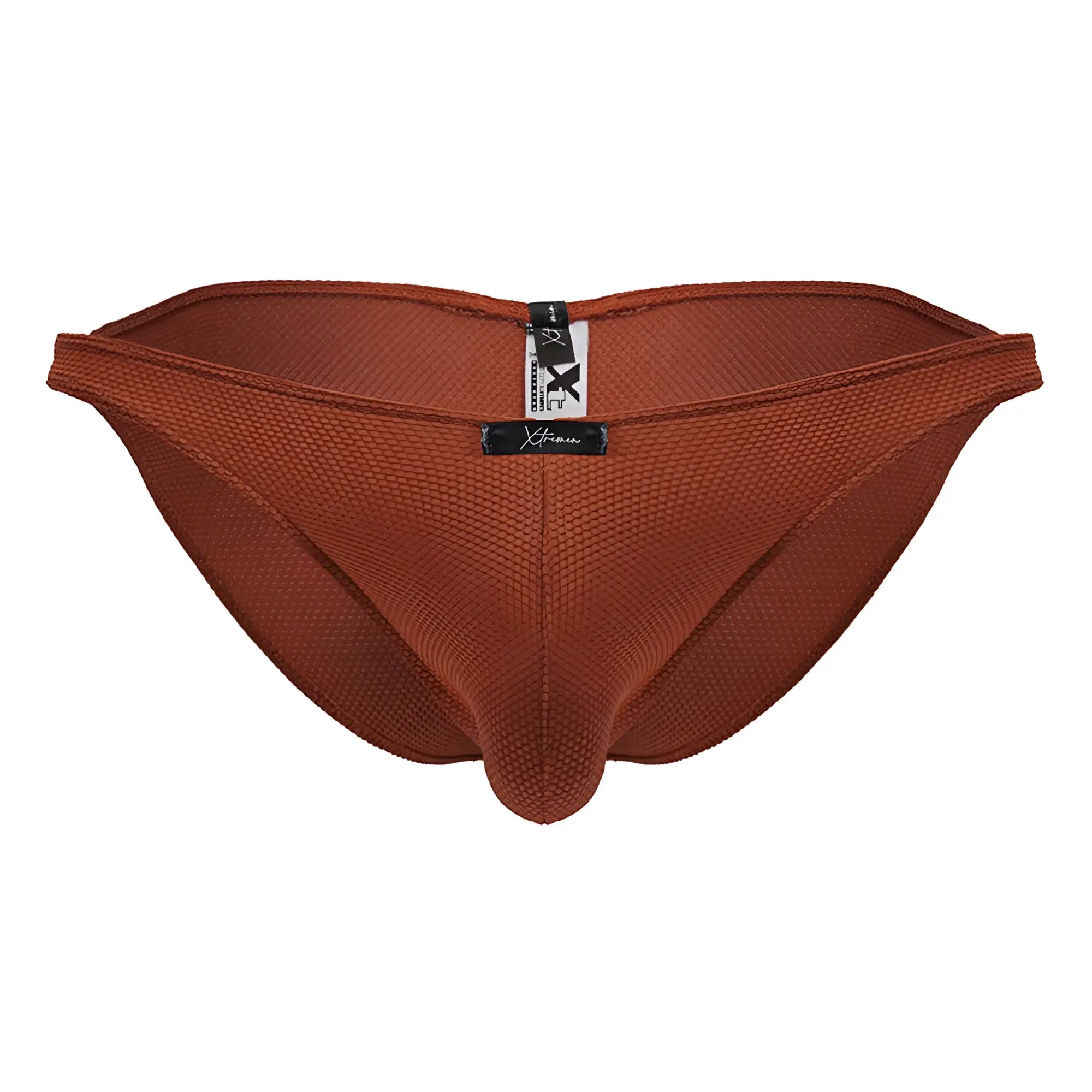 Brown textured mesh briefs showing back side with black and white Xtremen brand tag in microfiber bikini red color