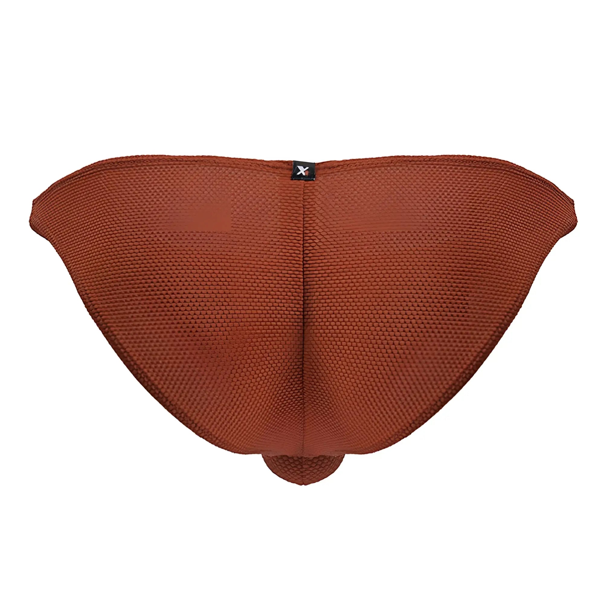 Rust-colored textured knit microfiber bikini bottom with central seam and black xtremen brand tag at top center