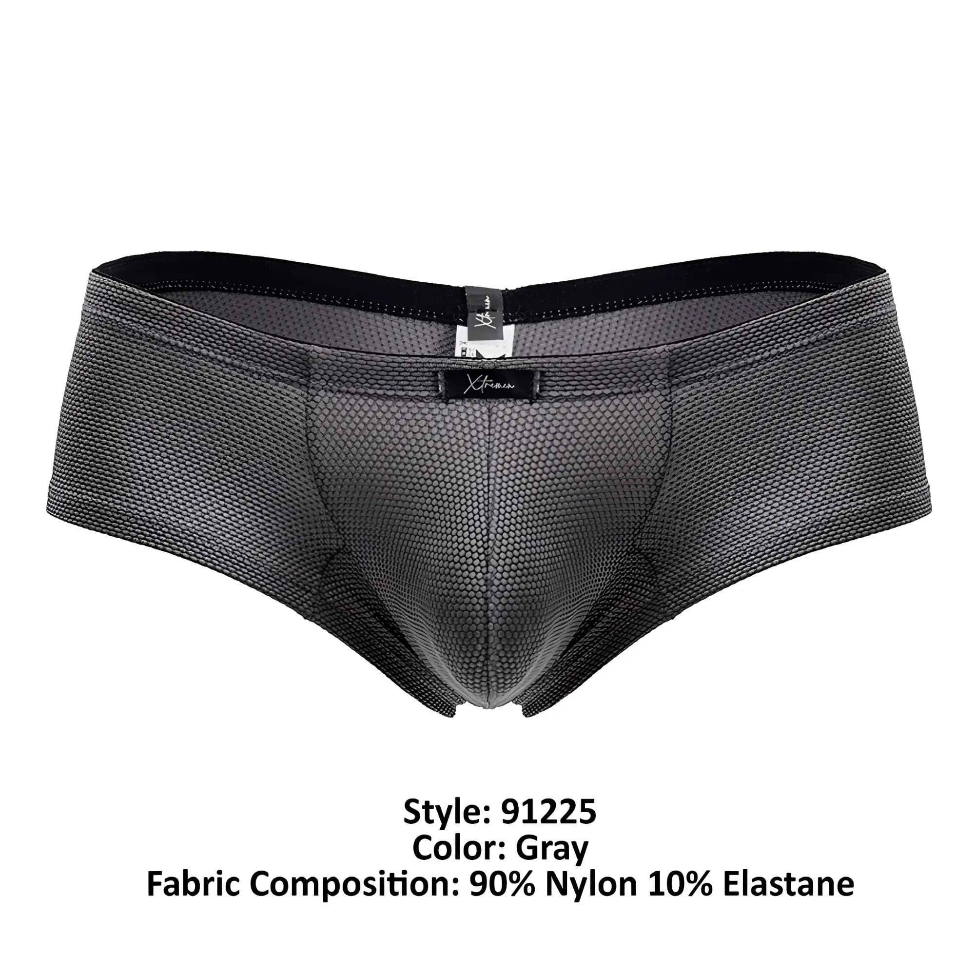 Gray mesh microfiber briefs with black elastic waistband subtle textured pattern and xtremen branded label