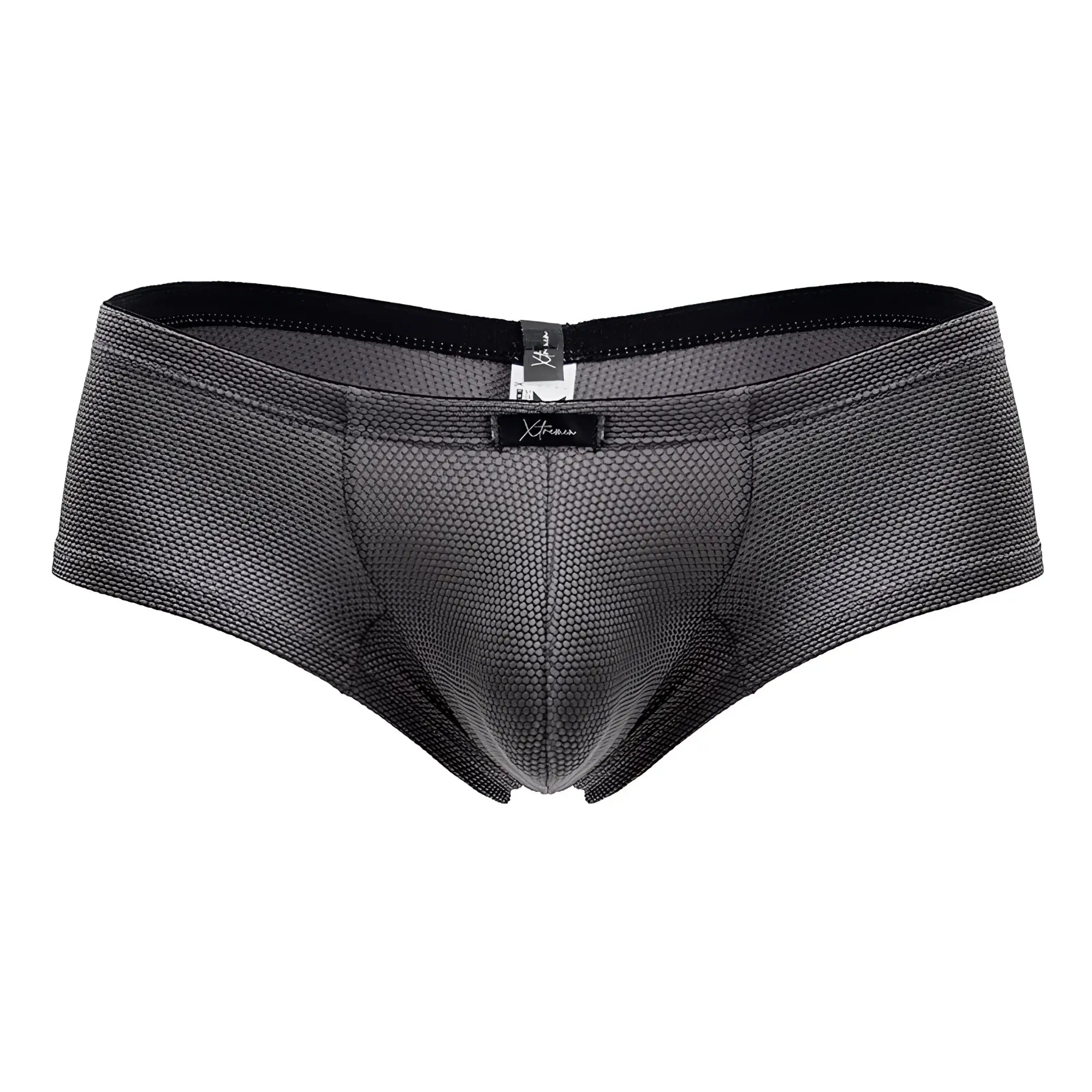 Gray xtremen 91225 microfiber men’s briefs with mesh fabric black elastic waistband and small brand tag