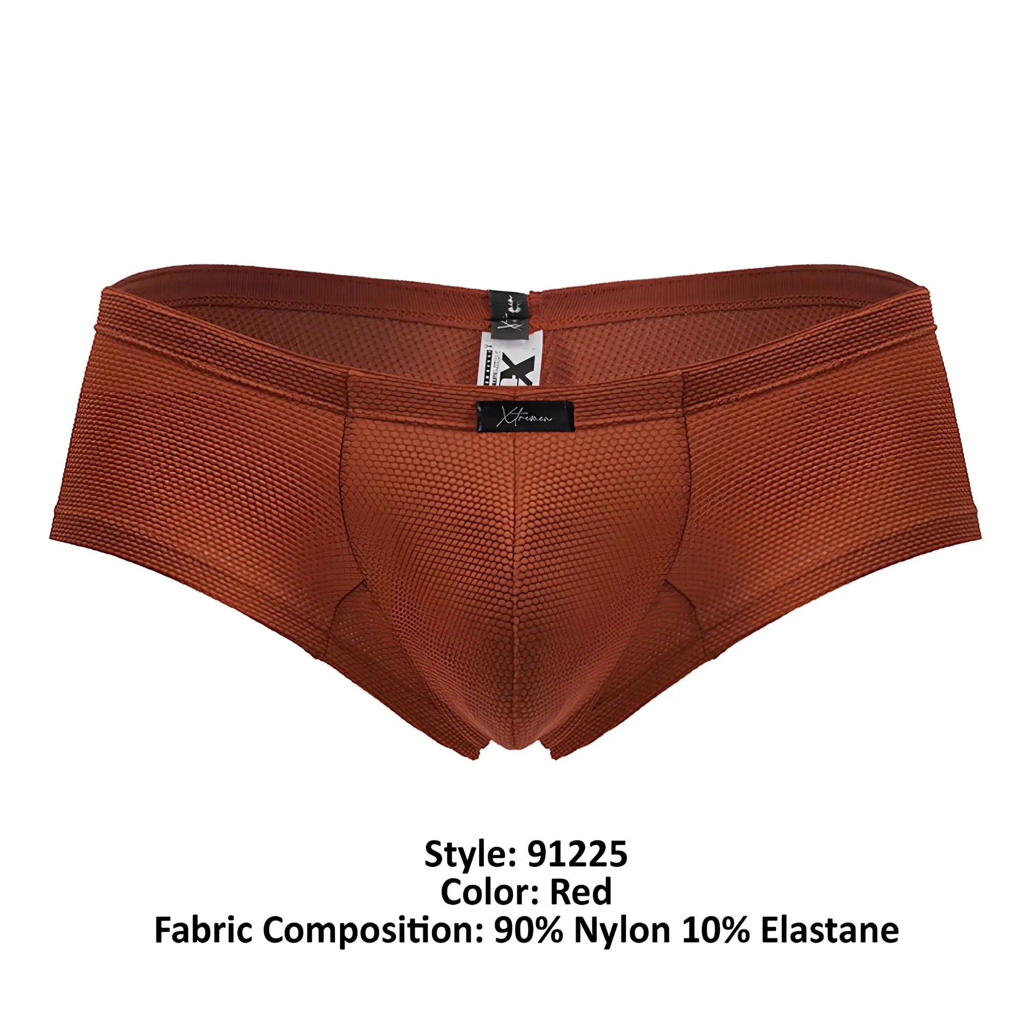 Red men’s briefs xtremen 91225 microfiber trunks with textured mesh fabric and black brand tag at waistband