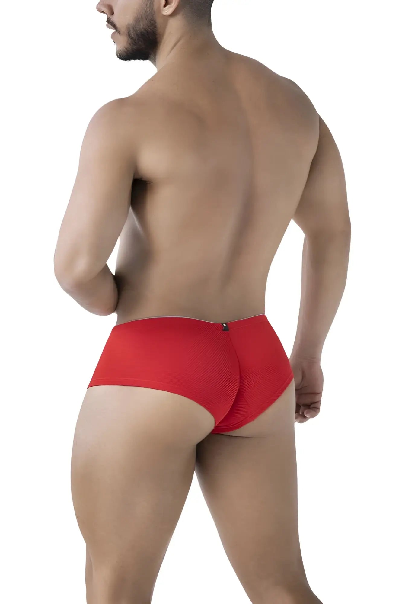 Back side of red xtremen 91225 microfiber briefs with textured fabric and small black button detail