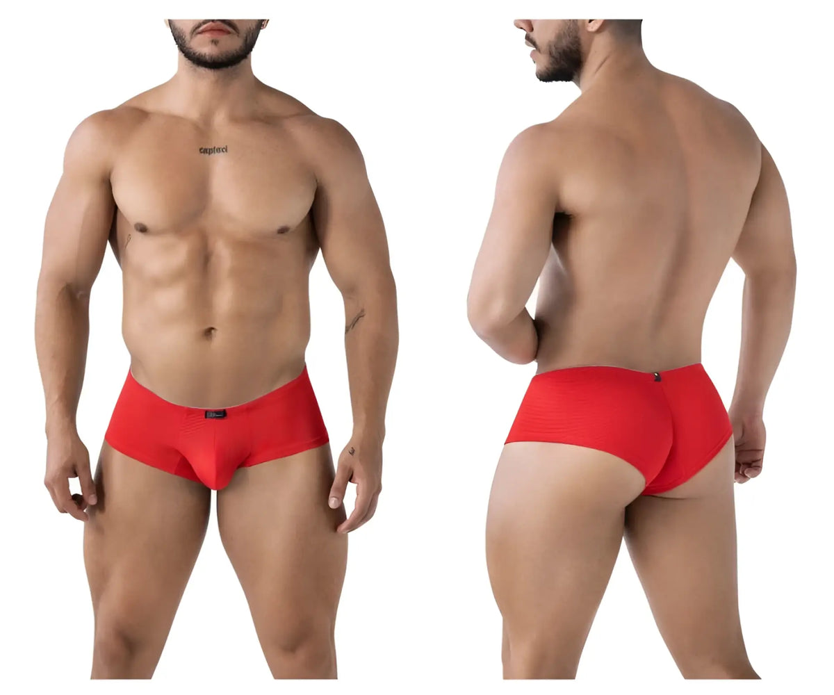 Red textured xtremen 91225 microfiber men’s briefs with a snug fit and black brand tag on the waistband