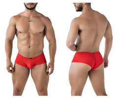 Red textured xtremen 91225 microfiber men’s briefs with a snug fit and black brand tag on the waistband