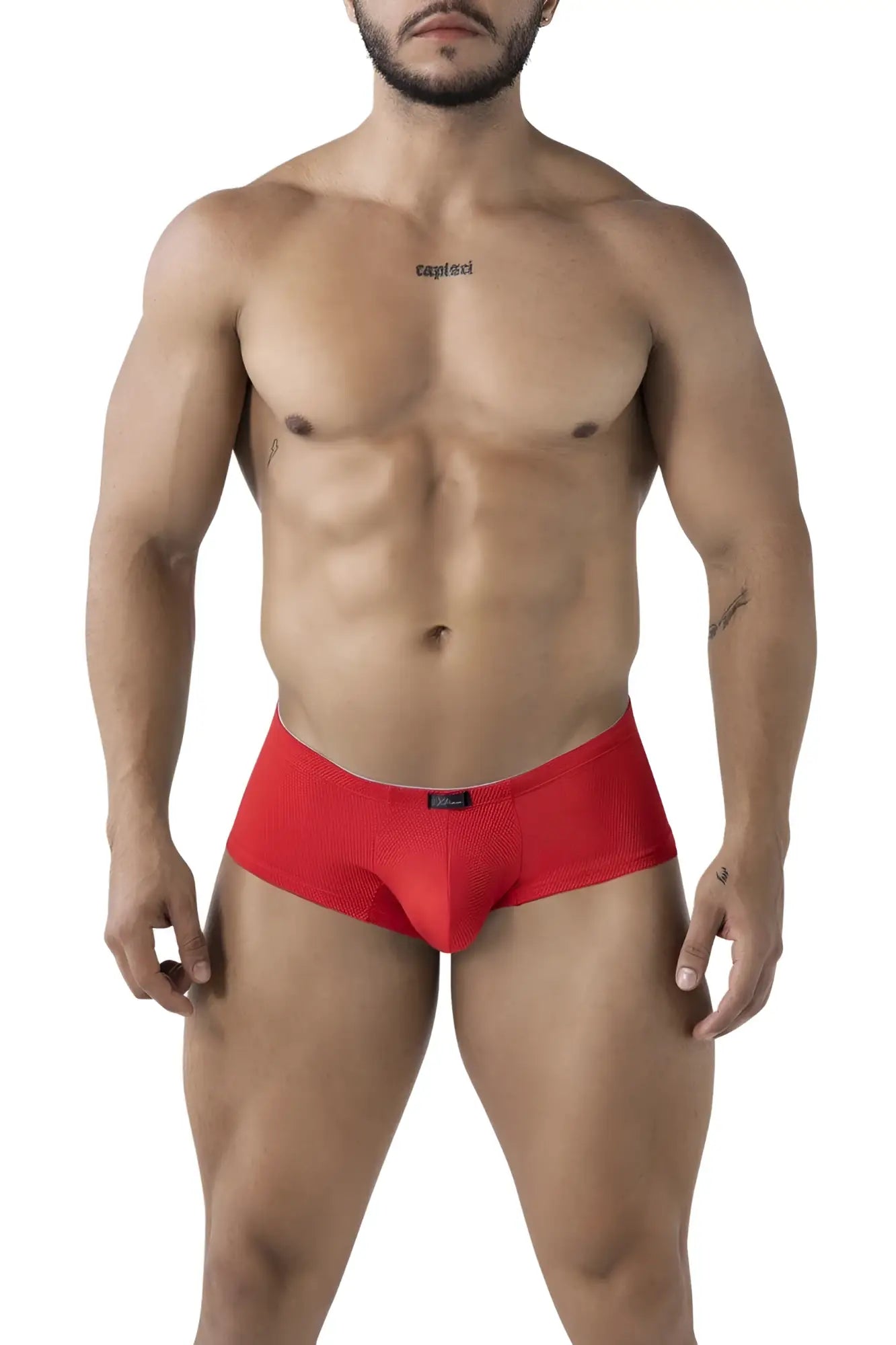 Red textured men’s microfiber briefs xtremen 91225 with subtle pattern and small brand tag at waistband
