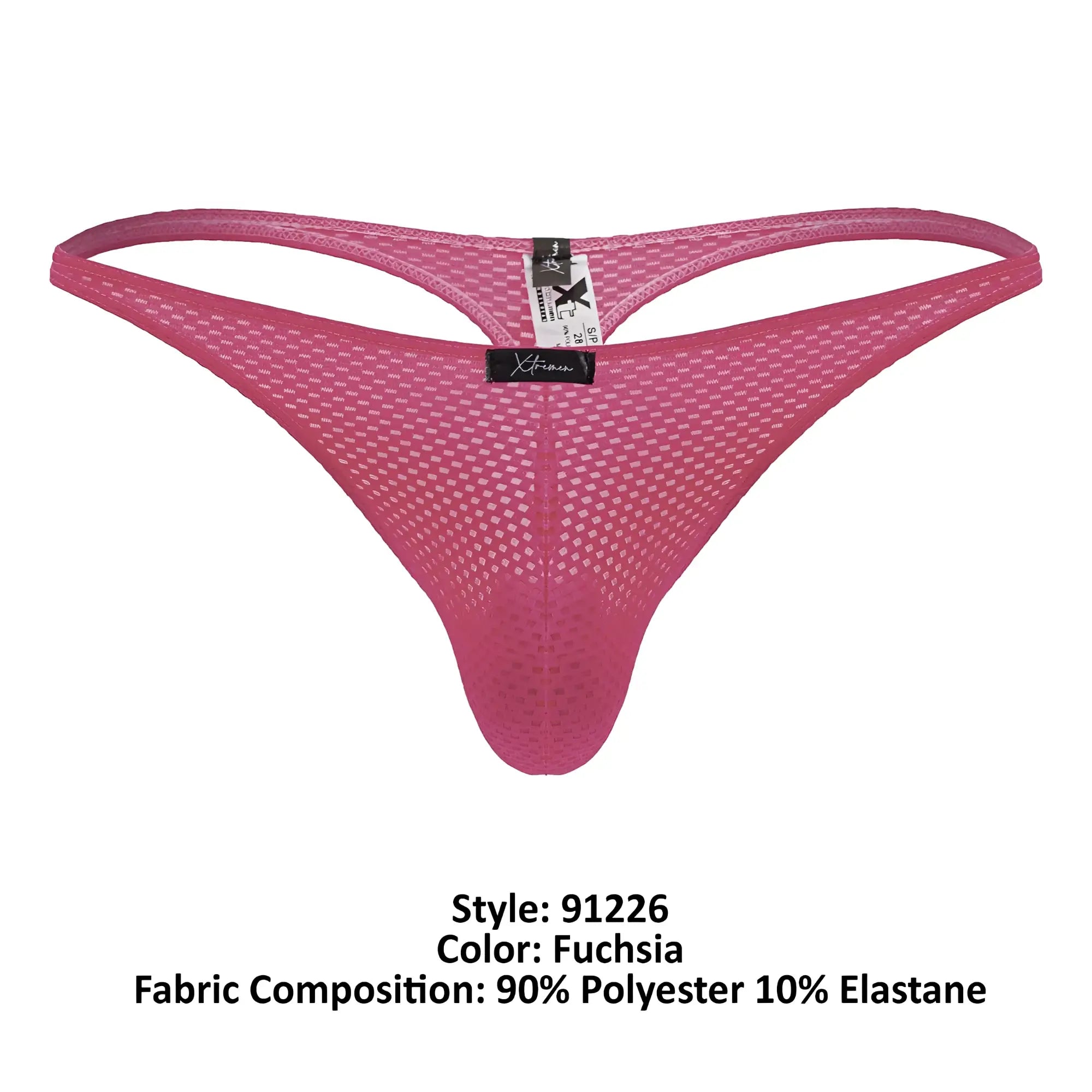 Backside of xtremen 91226 microfiber thong in fuchsia featuring mesh fabric supportive form-fitting design and branded tag