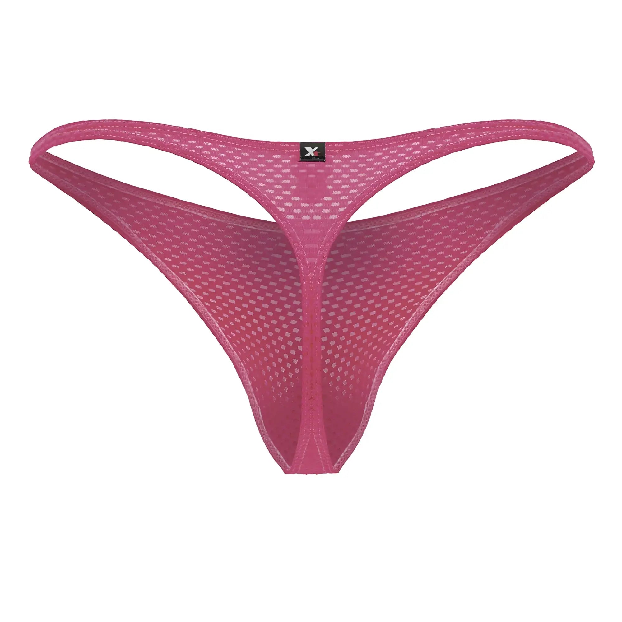 Pink microfiber mesh thong with subtle texture and black Xtremen brand tag at center back in fuchsia color