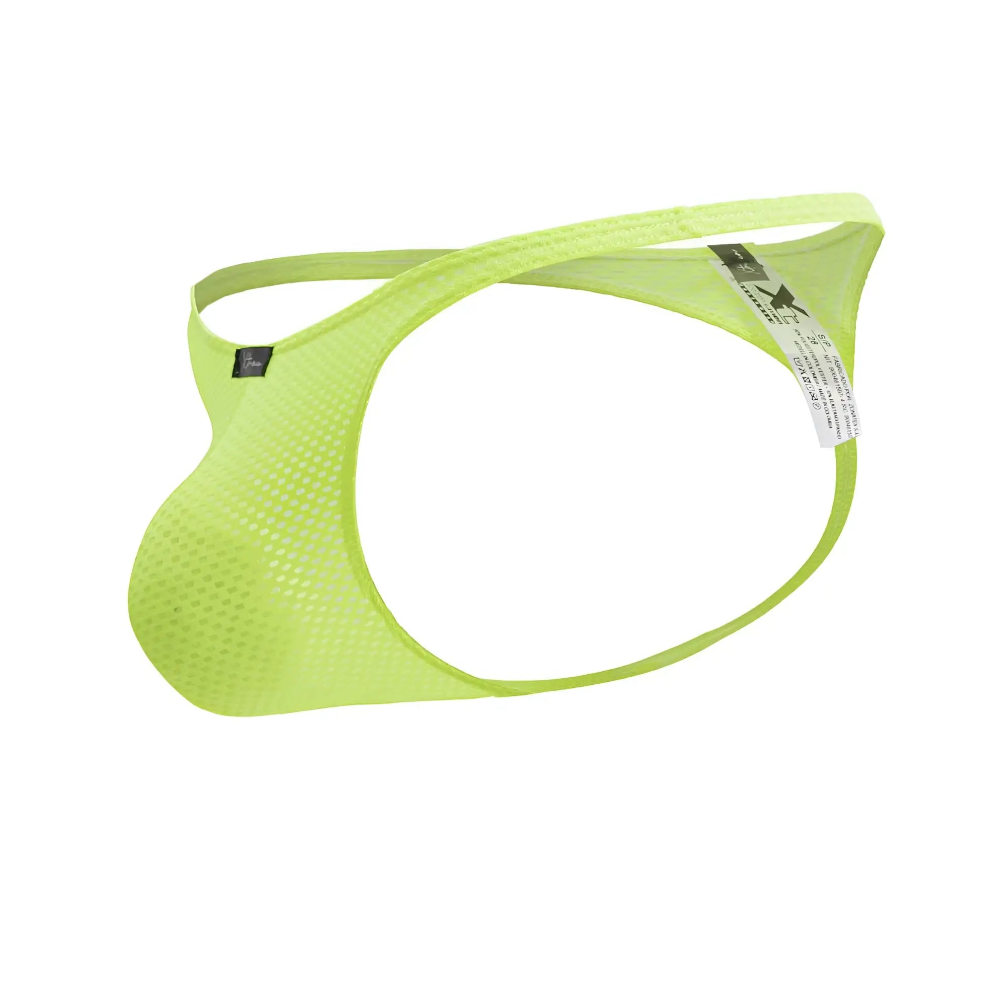 Bright lime green Xtremen 91226 microfiber men’s thong with mesh fabric and supportive contoured design