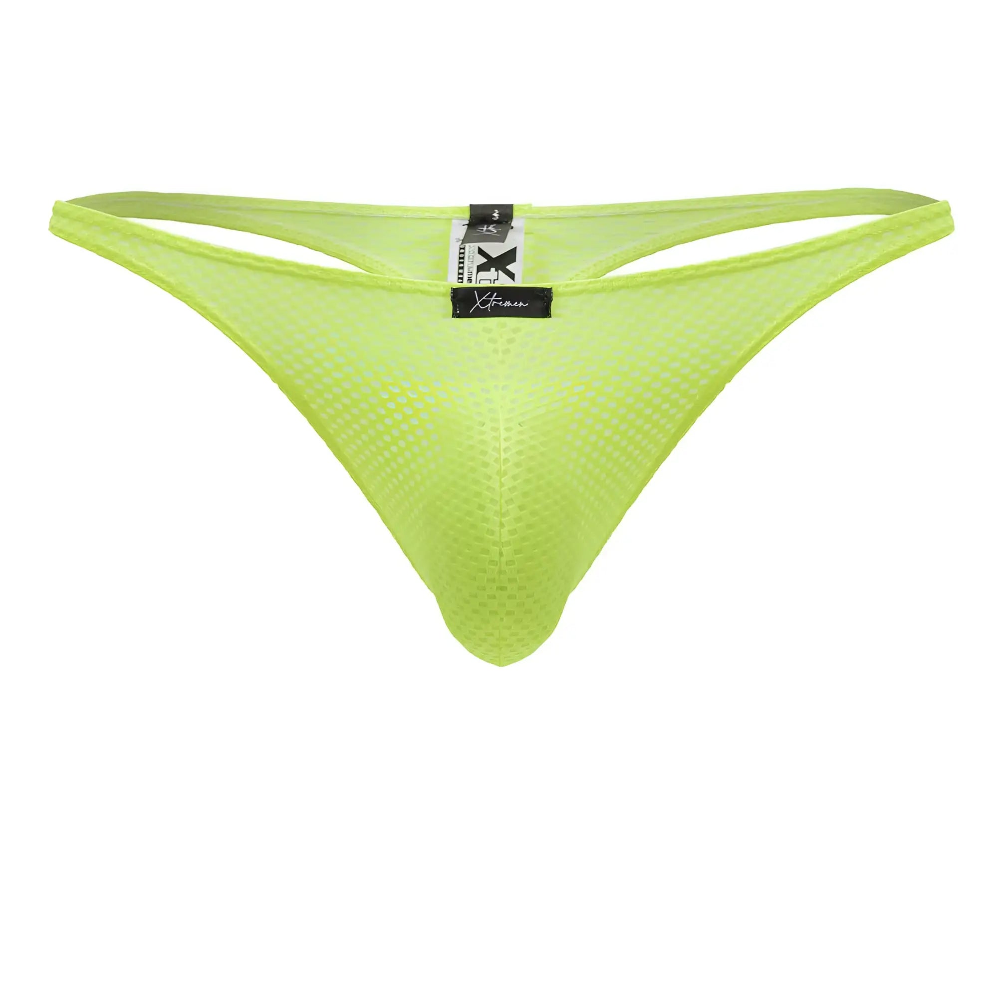 Bright neon green microfiber mesh thong with black Xtremen brand tag visible on the back side of the product