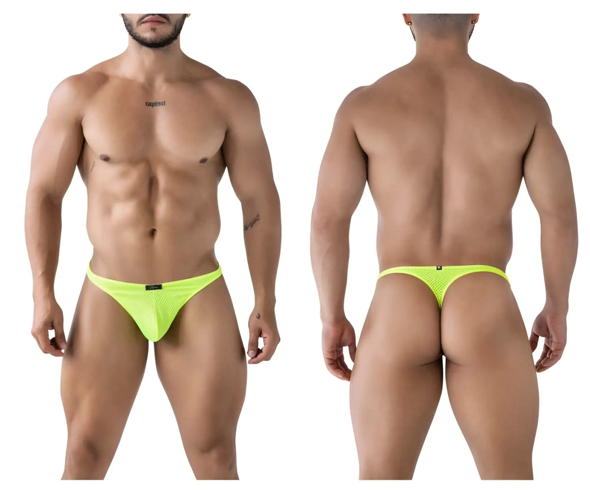 Bright neon yellow xtremen 91226 microfiber thong with mesh fabric and small black brand tag at the front
