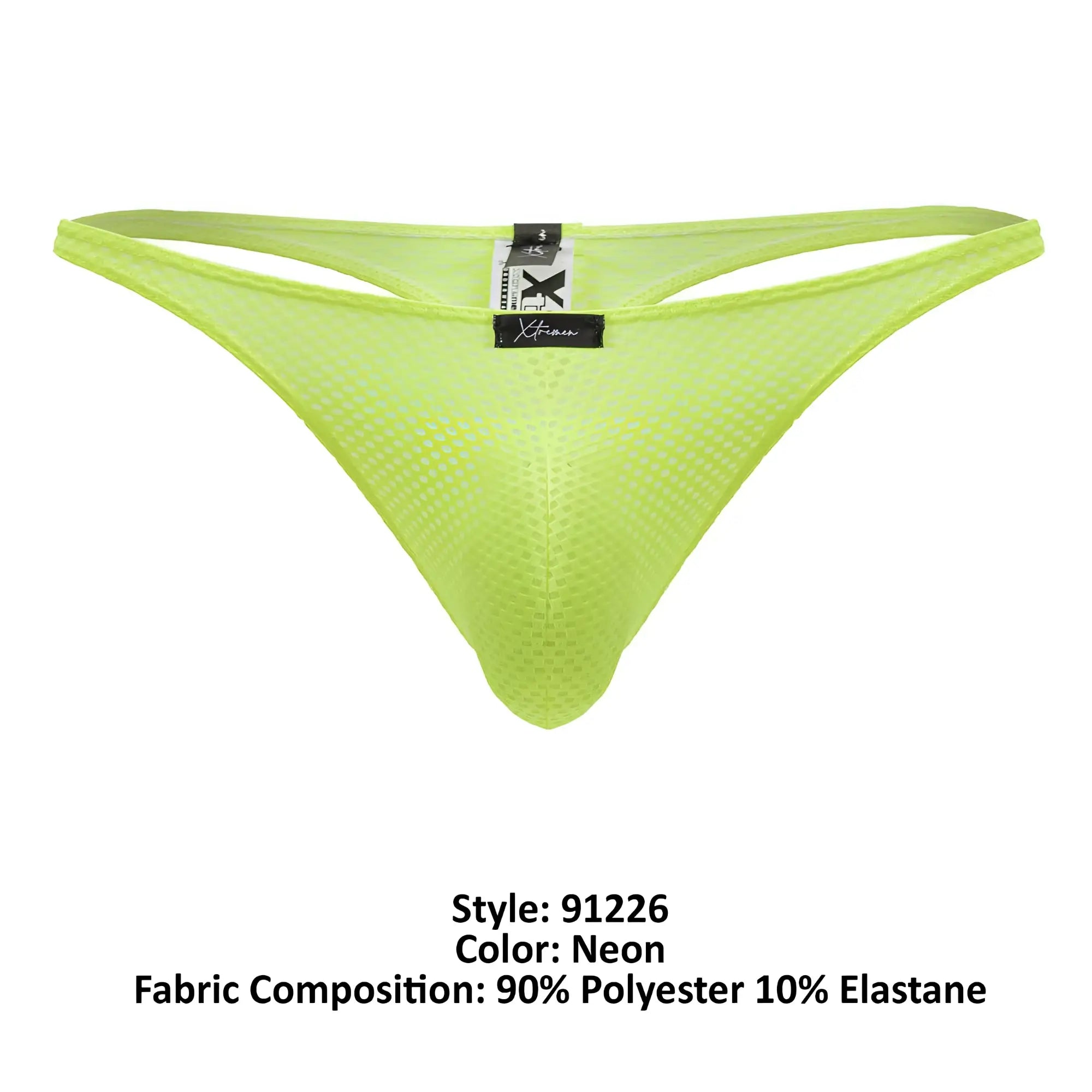 Neon green xtremen 91226 microfiber mesh thong back view with black brand tag visible