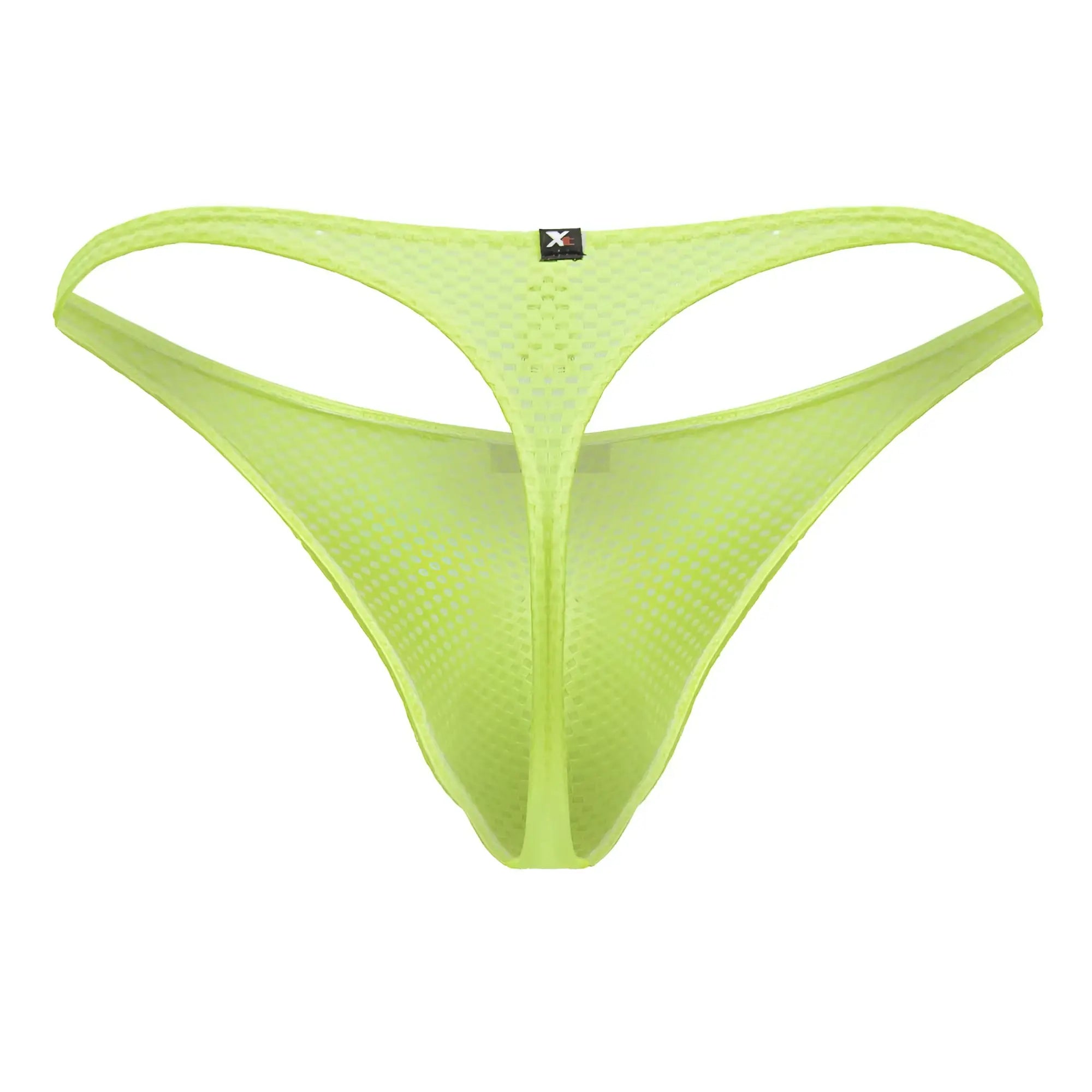 Neon green xtremen 91226 microfiber thong back side with thin mesh design and small black brand tag visible
