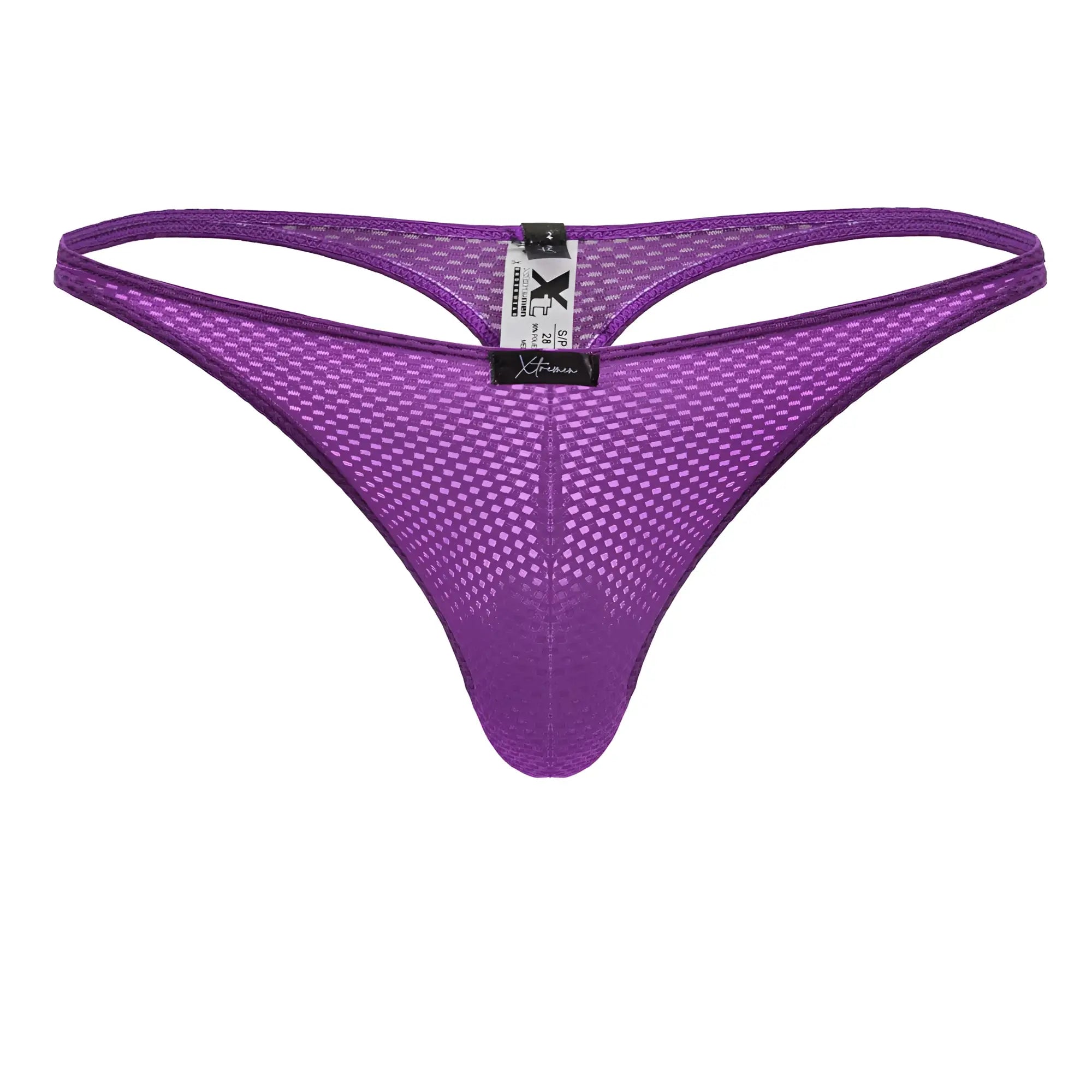 Purple xtremen 91226 microfiber thong with diamond mesh pattern and black brand tag visible on front side