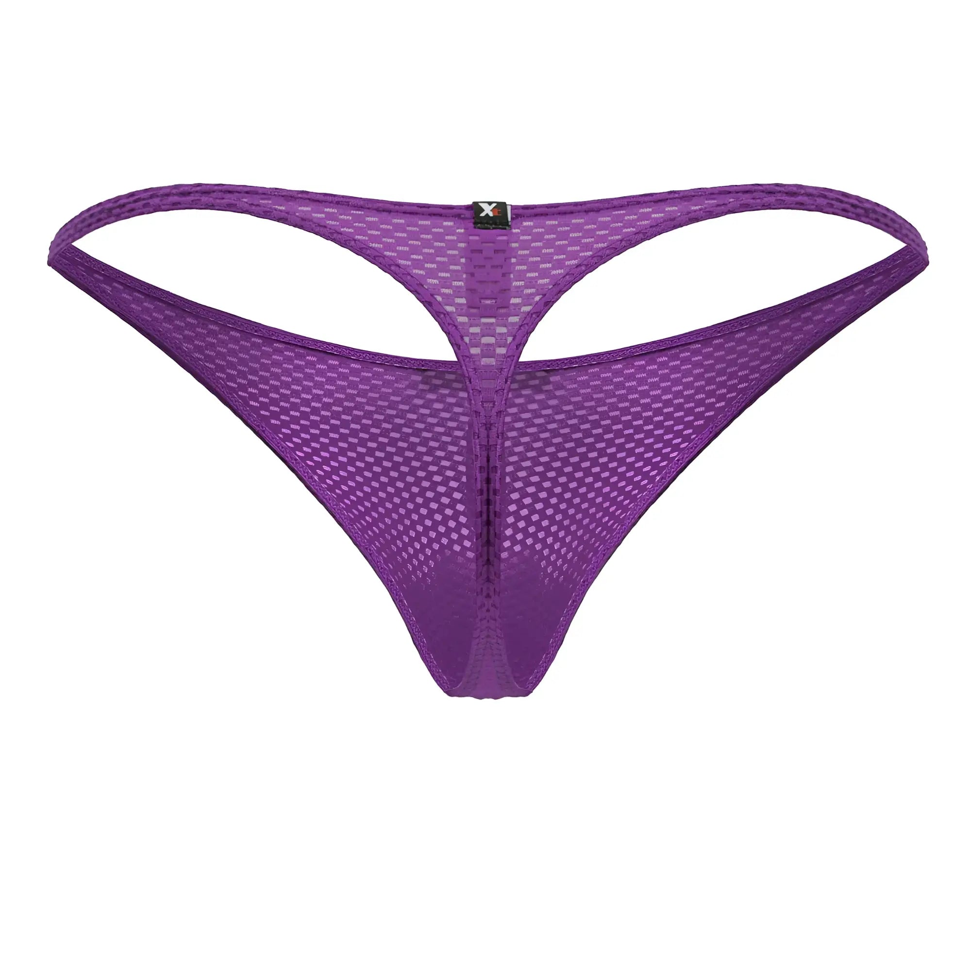 Purple xtremen 91226 microfiber thong with a distinctive mesh grid pattern and thin supportive straps visible from the back