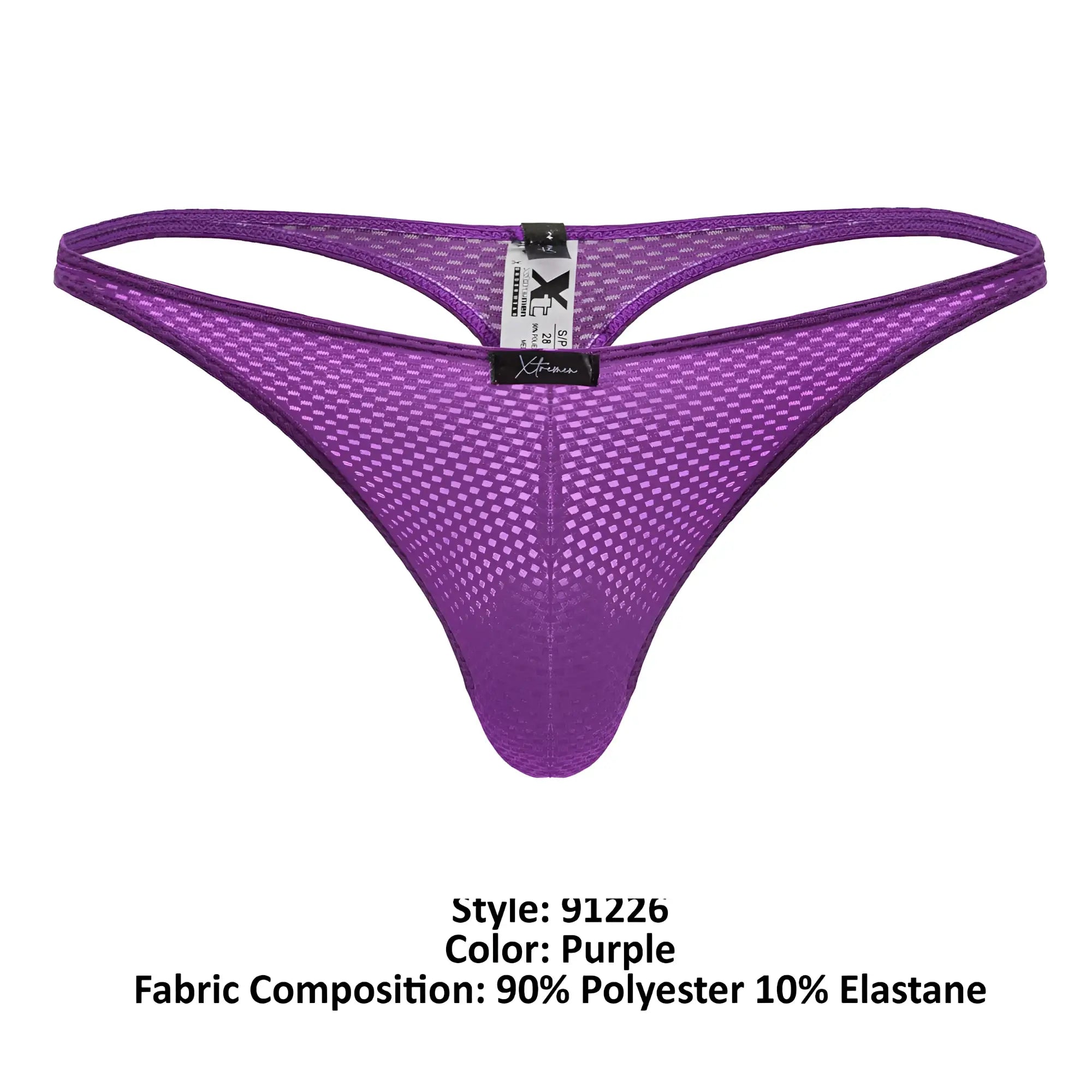 Purple xtremen 91226 microfiber thong featuring a mesh grid pattern with an elastic waistband front view