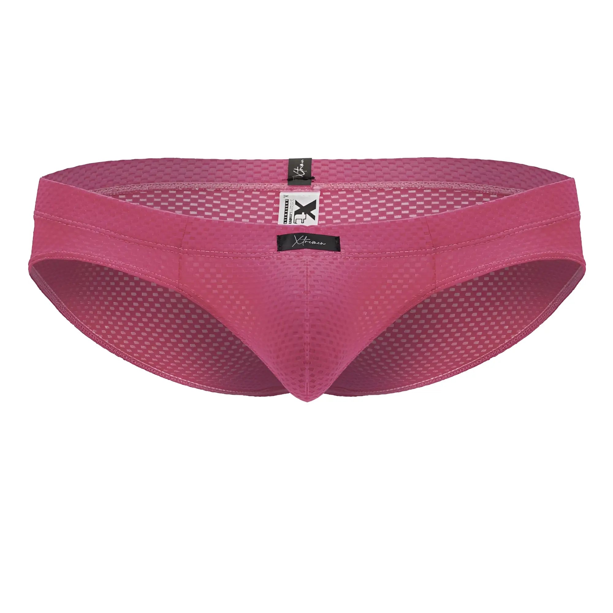 A vibrant fuchsia pink Xtremen 91227 microfiber brief with a snug contoured mesh design and branded tags
