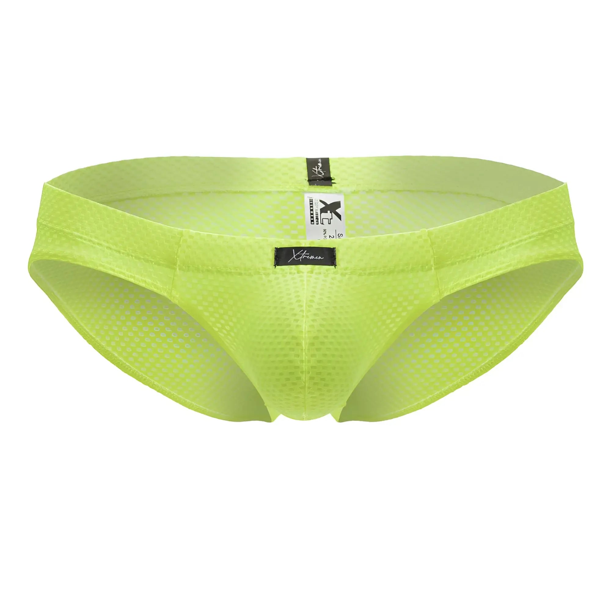 Bright lime green xtremen 91227 microfiber briefs with sleek mesh design and black brand tags