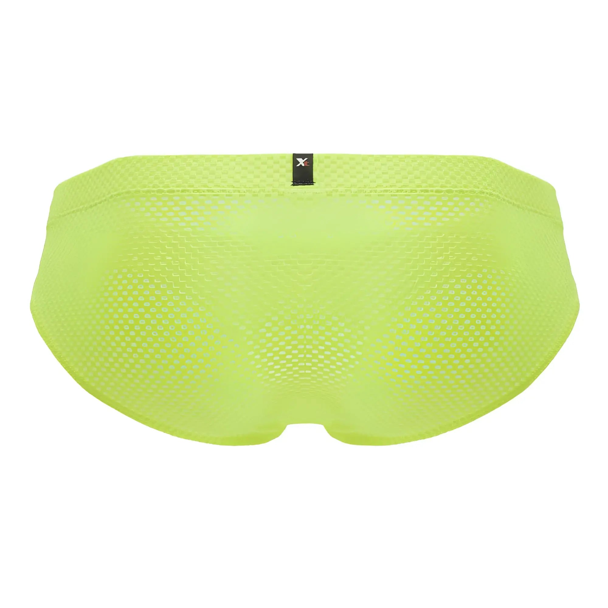 Bright lime green Xtremen 91227 microfiber briefs with mesh fabric and a black brand tag at the waistband