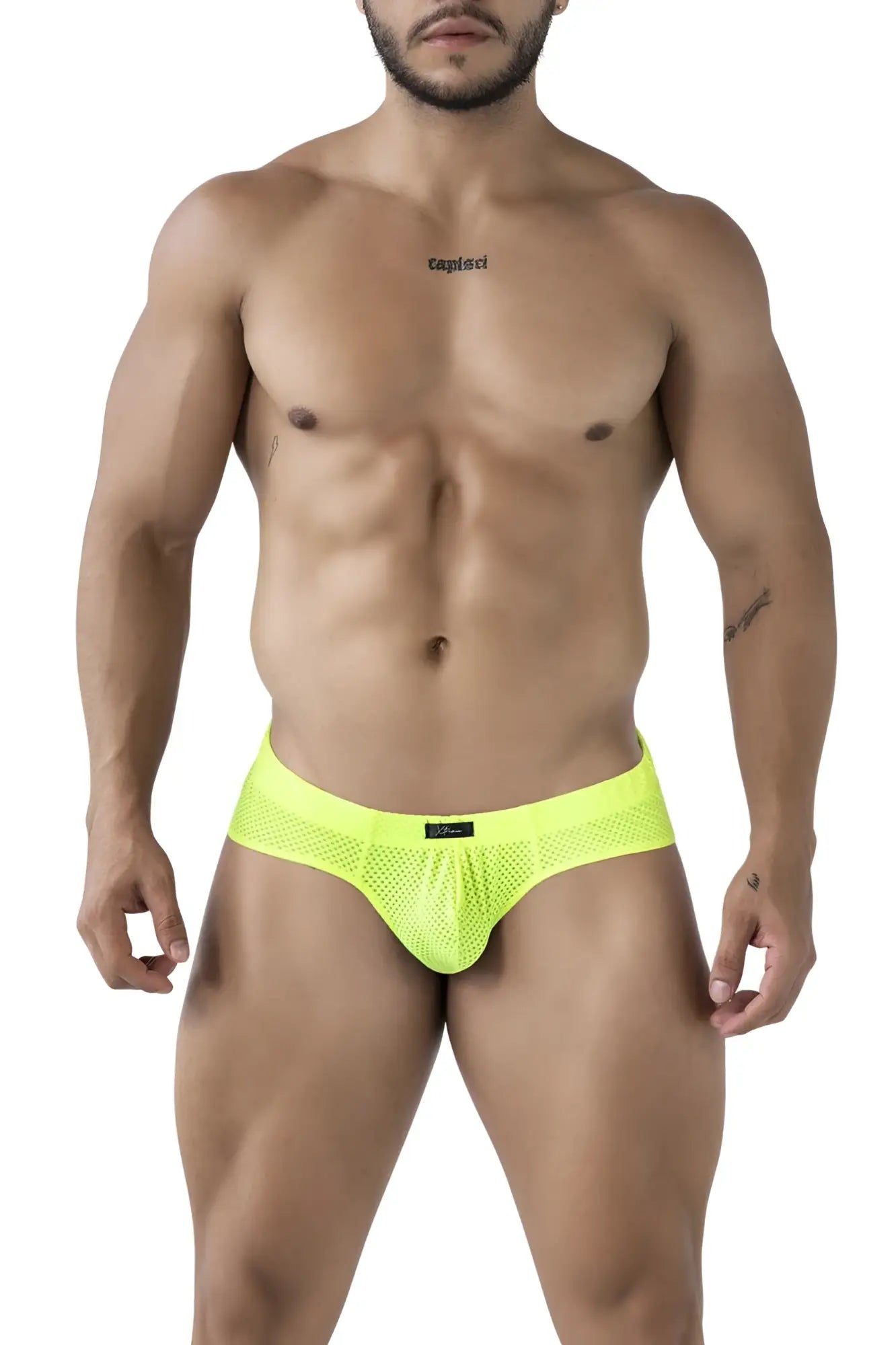 Xtremen 91227 microfiber briefs in neon green bright yellow mesh with black brand tag at the waistband