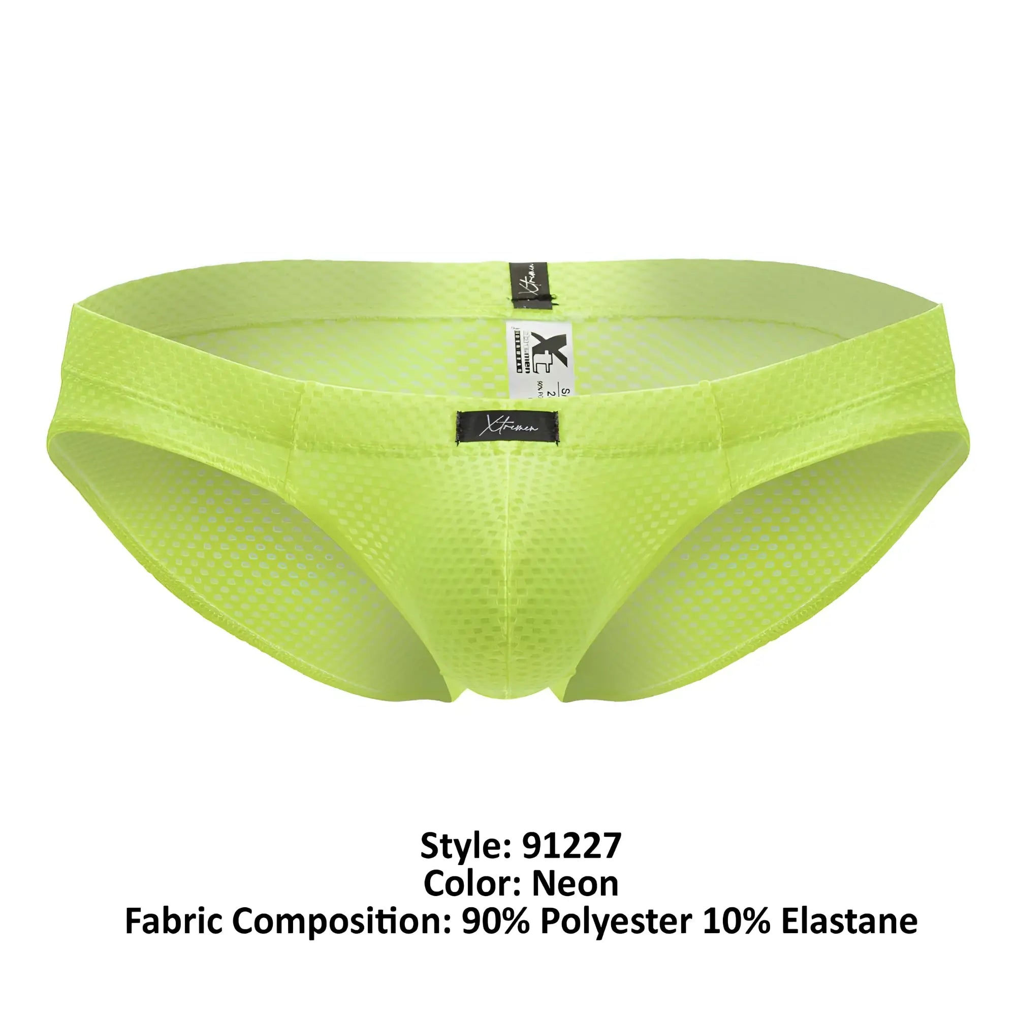 Neon green xtremen 91227 microfiber briefs with mesh fabric black brand tag and elastic waistband