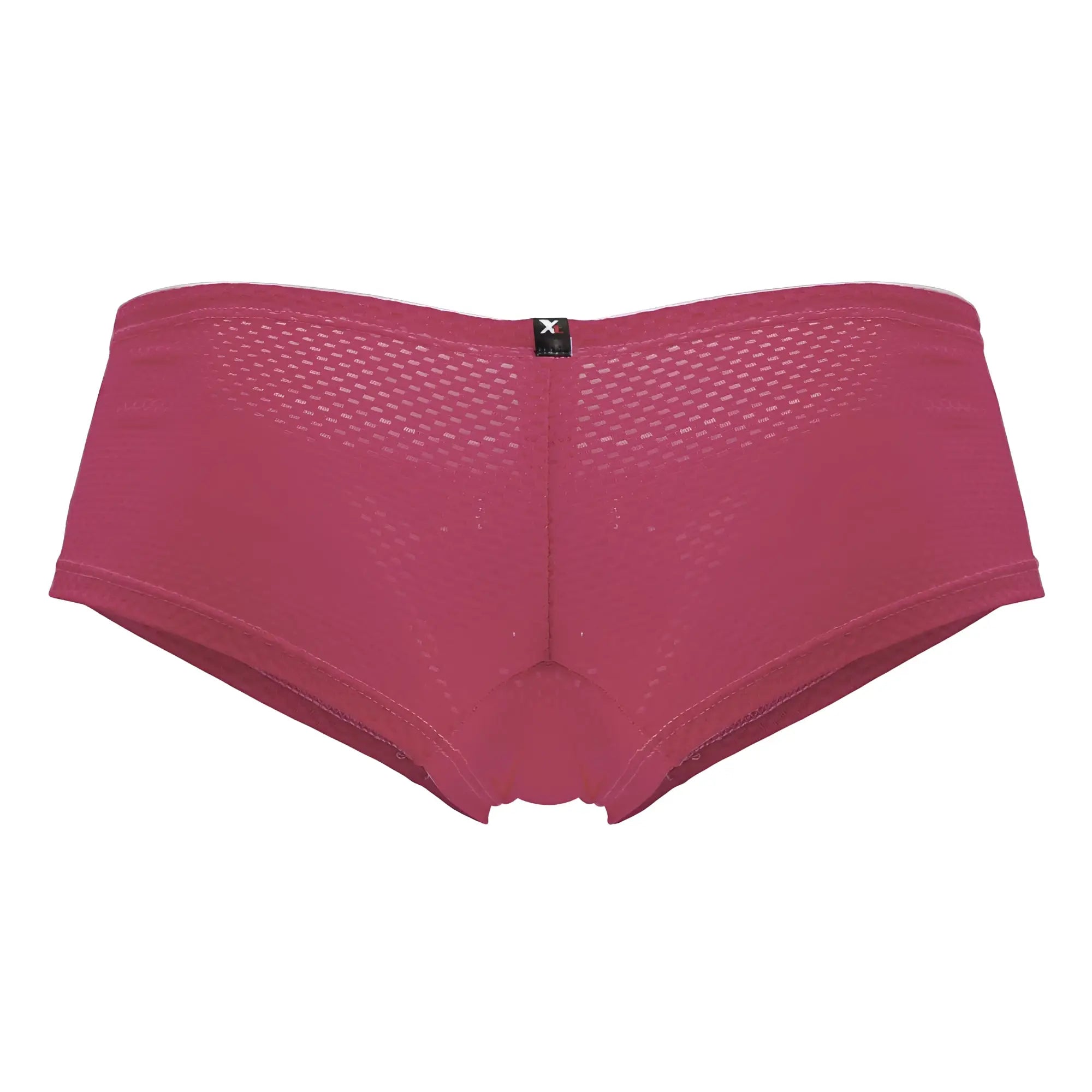 A pair of xtremen 91228 fuchsia microfiber mesh briefs with diamond texture and black logo tag on the back waistband