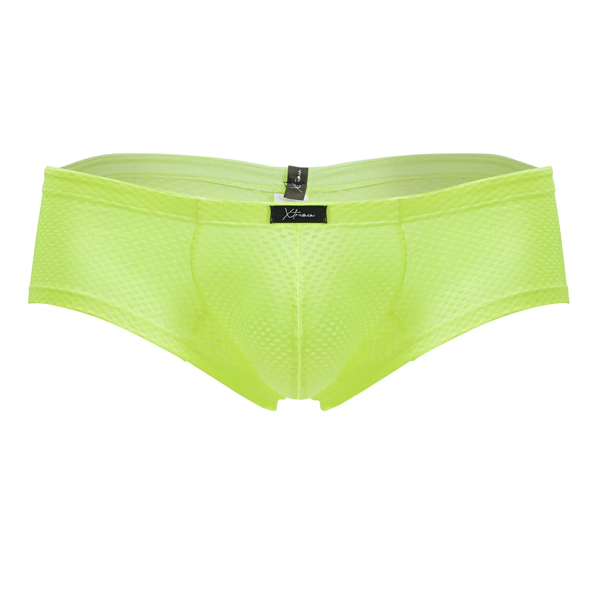 Xtremen 91228 microfiber neon green trunks with lime green mesh briefs and black brand tag at the waistband