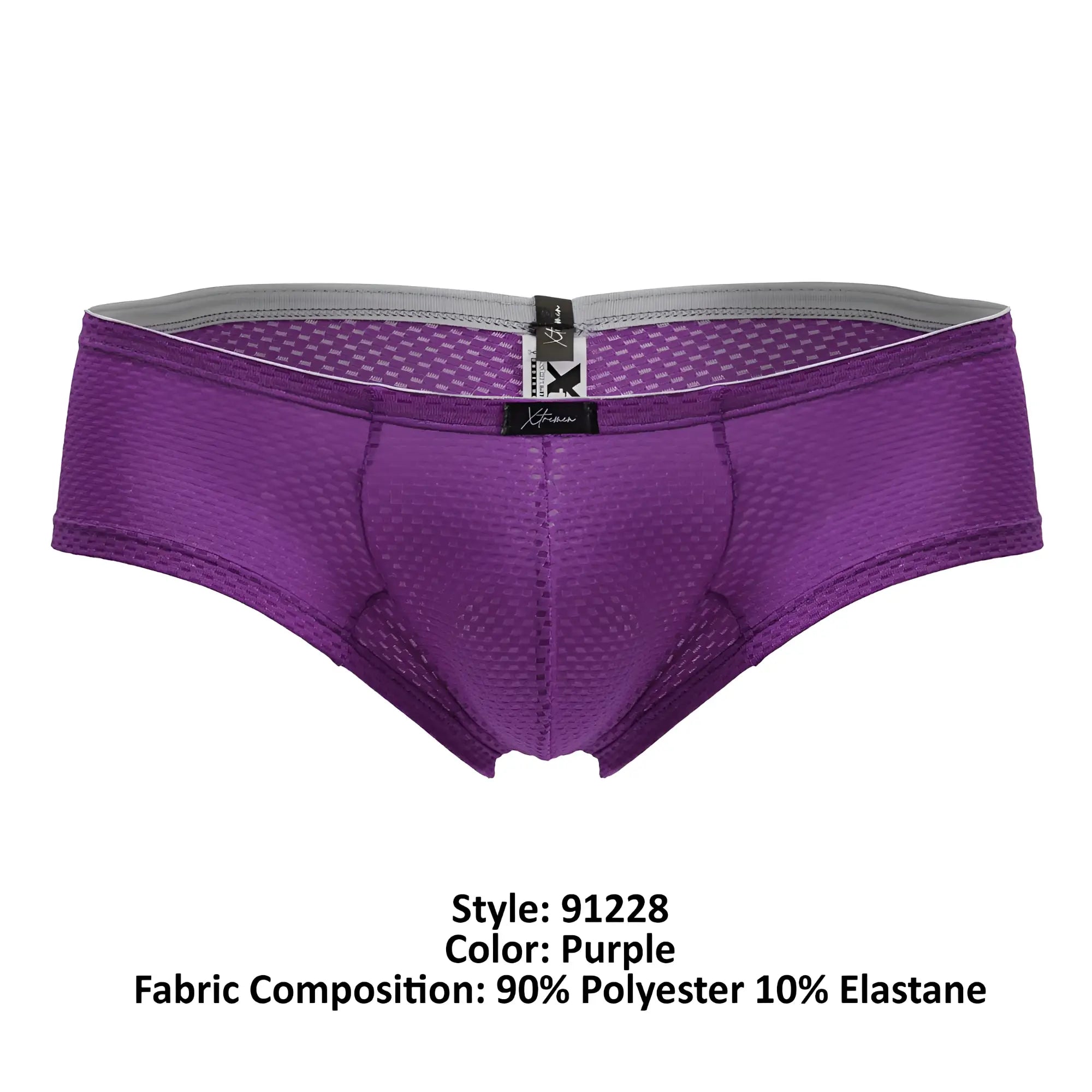 Purple xtremen 91228 microfiber trunks with mesh briefs, gray waistband, and black brand tag