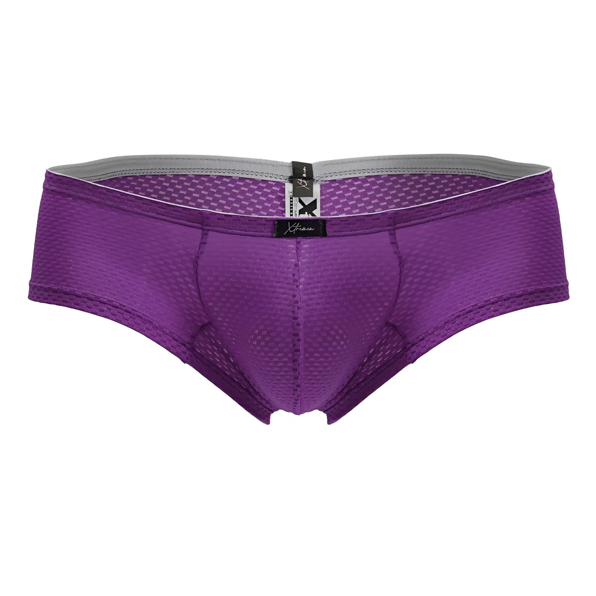 Purple xtremen 91228 microfiber trunks with mesh briefs, gray waistband, and black brand tag for comfortable wear