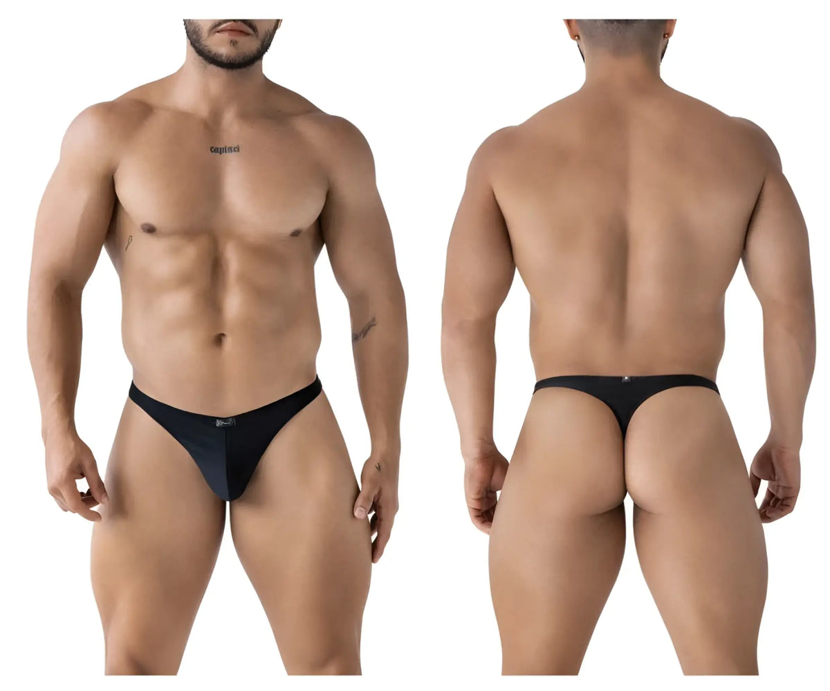 Black men’s thong Xtremen 91232 in black microfiber with sleek minimalist design and small logo on waistband back view