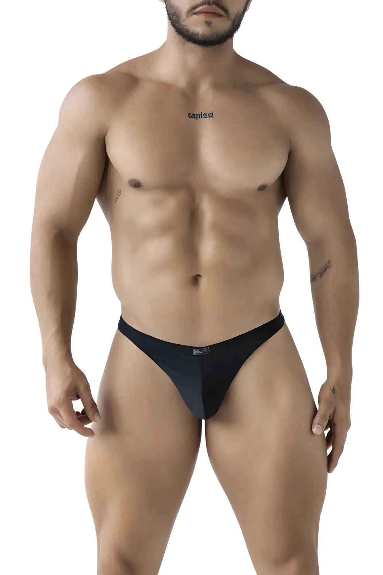 Black sleek form-fitting men’s thong made of microfiber with a subtle Xtremen logo at the center front