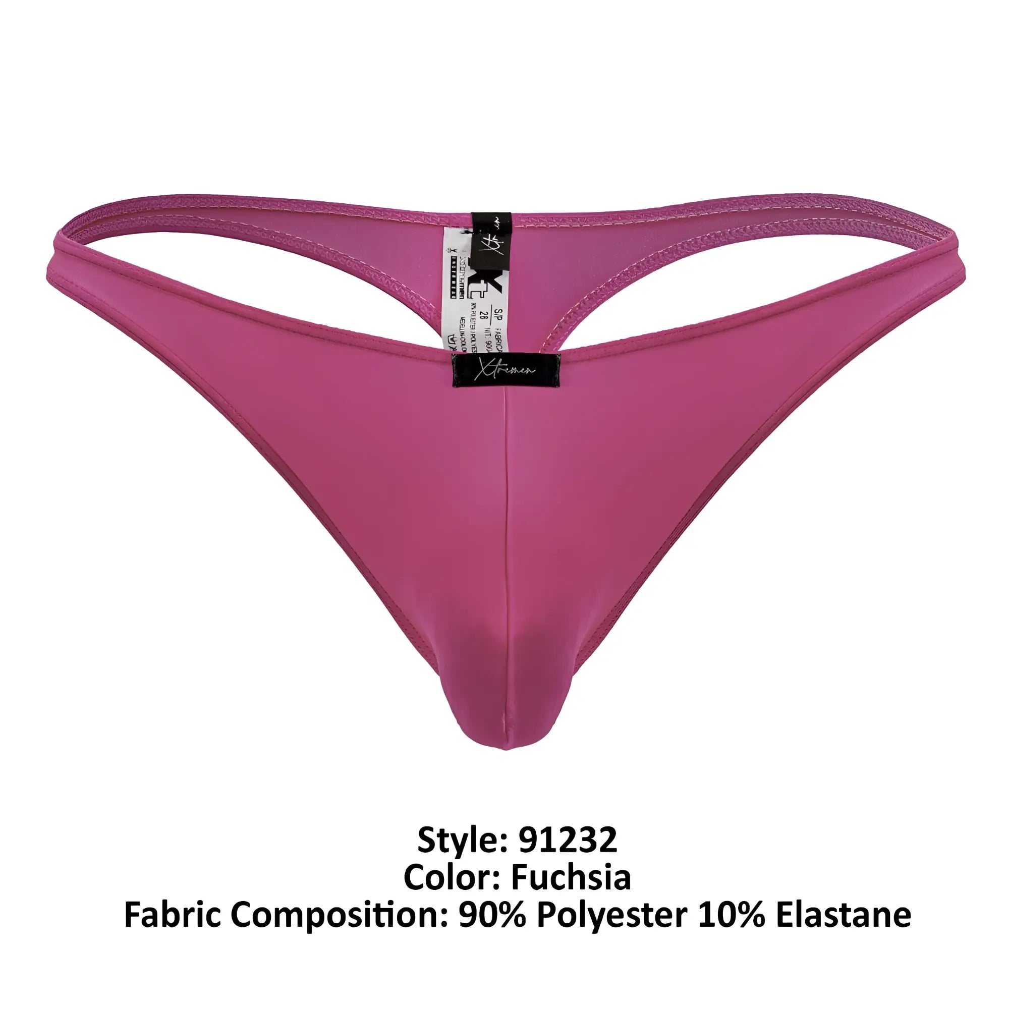 Fuchsia xtremen 91232 microfiber thong made of 90 polyester 10 elastane with black brand tag visible on front side