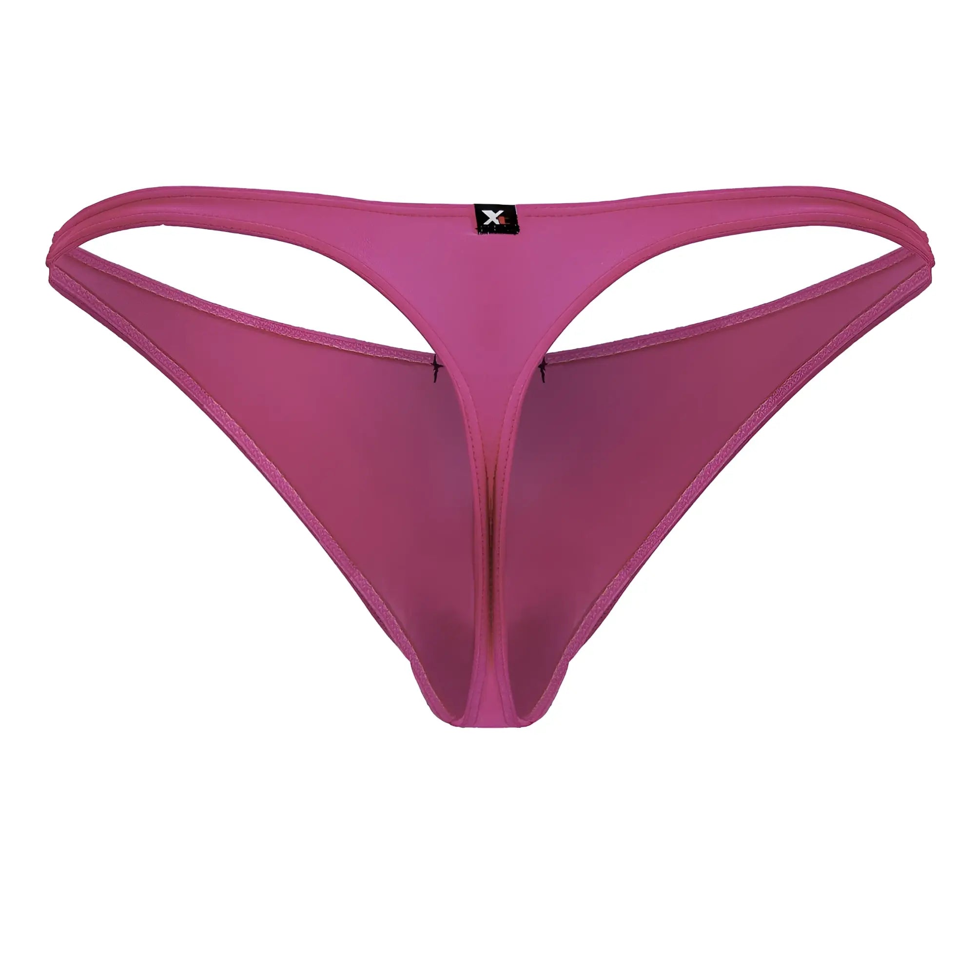 A sheer fuchsia Xtremen 91232 microfiber thong with a thin supportive waistband and central seam shown from the back