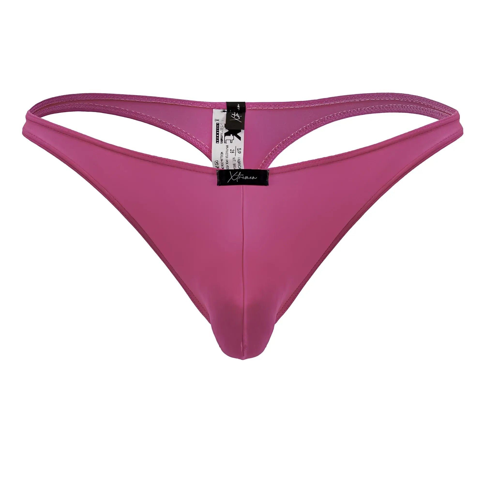 A sleek vibrant fuchsia microfiber thong with a minimalist design and a black brand tag at the back