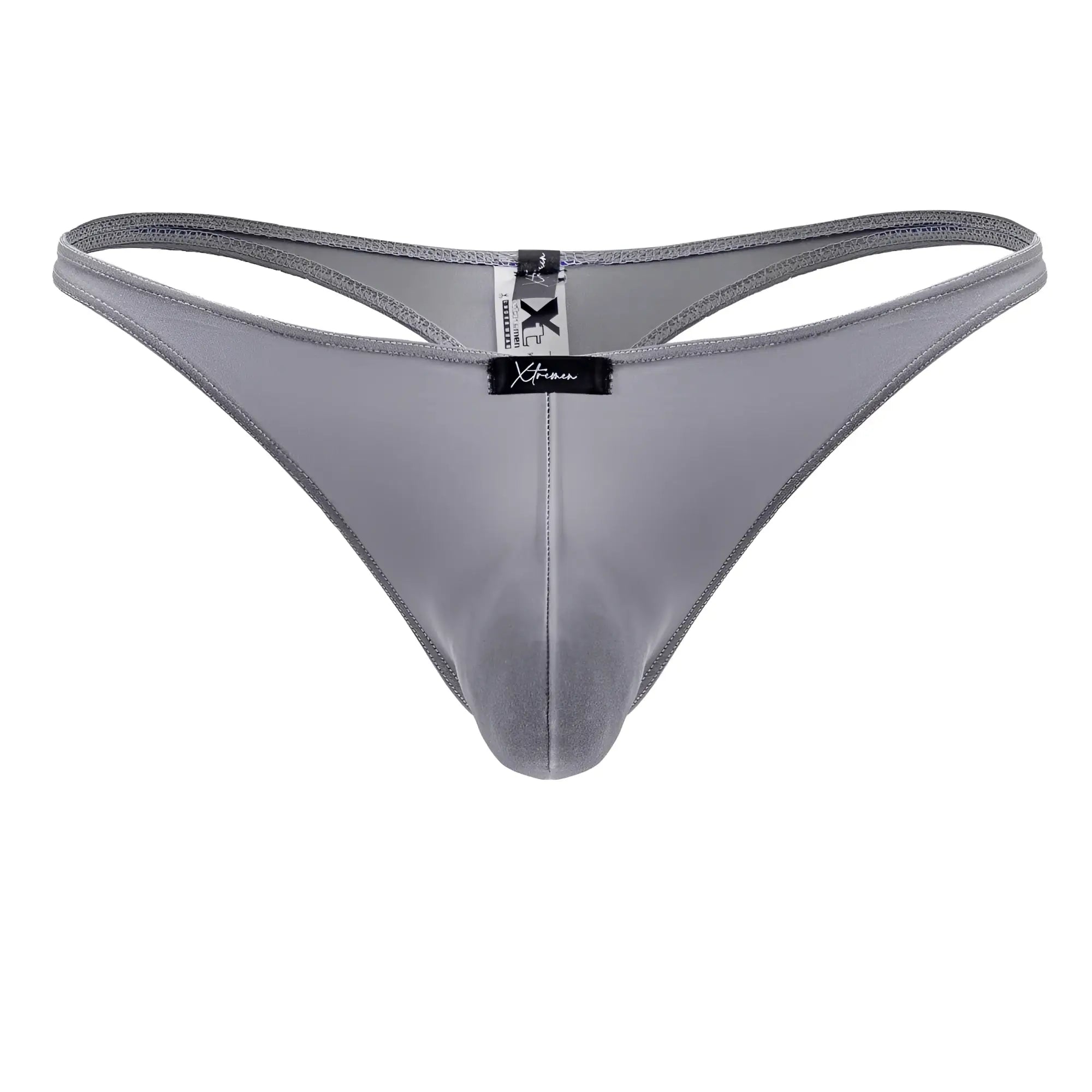 Xtremen 91232 gray microfiber satin thong with sleek smooth texture and subtle sheen shown from the back side