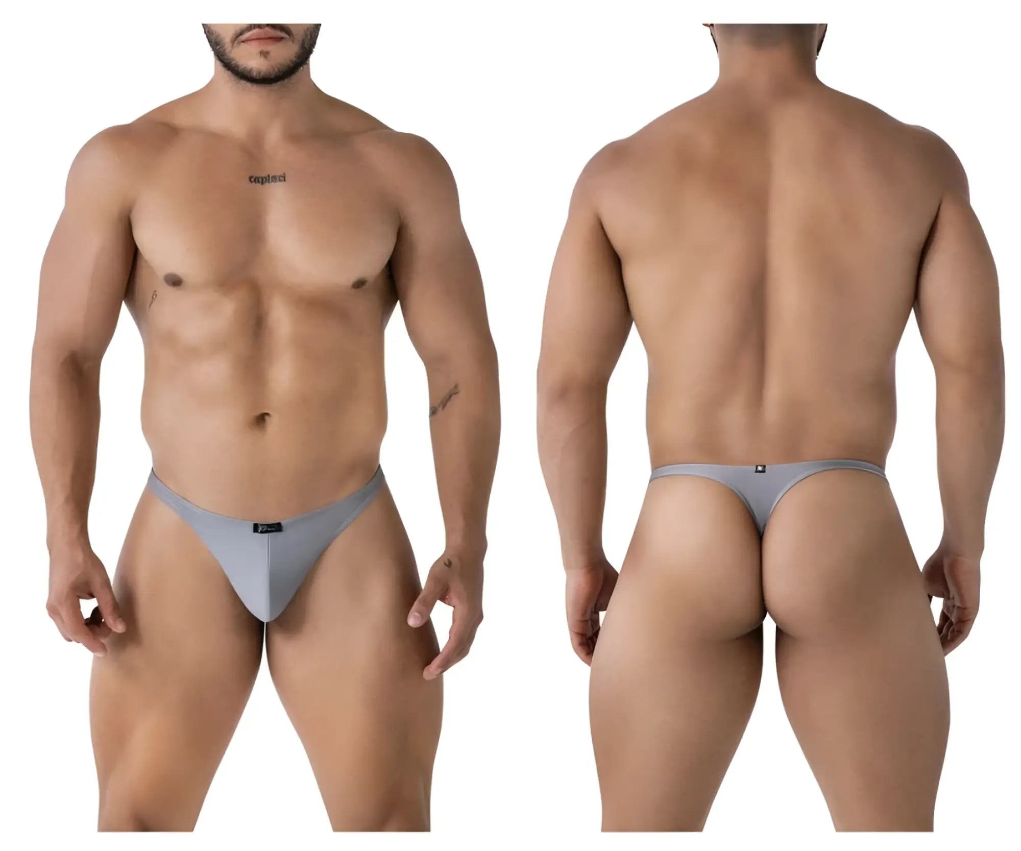 Gray xtremen 91232 microfiber thong with a form-fitting design and small black logo on front and back sides