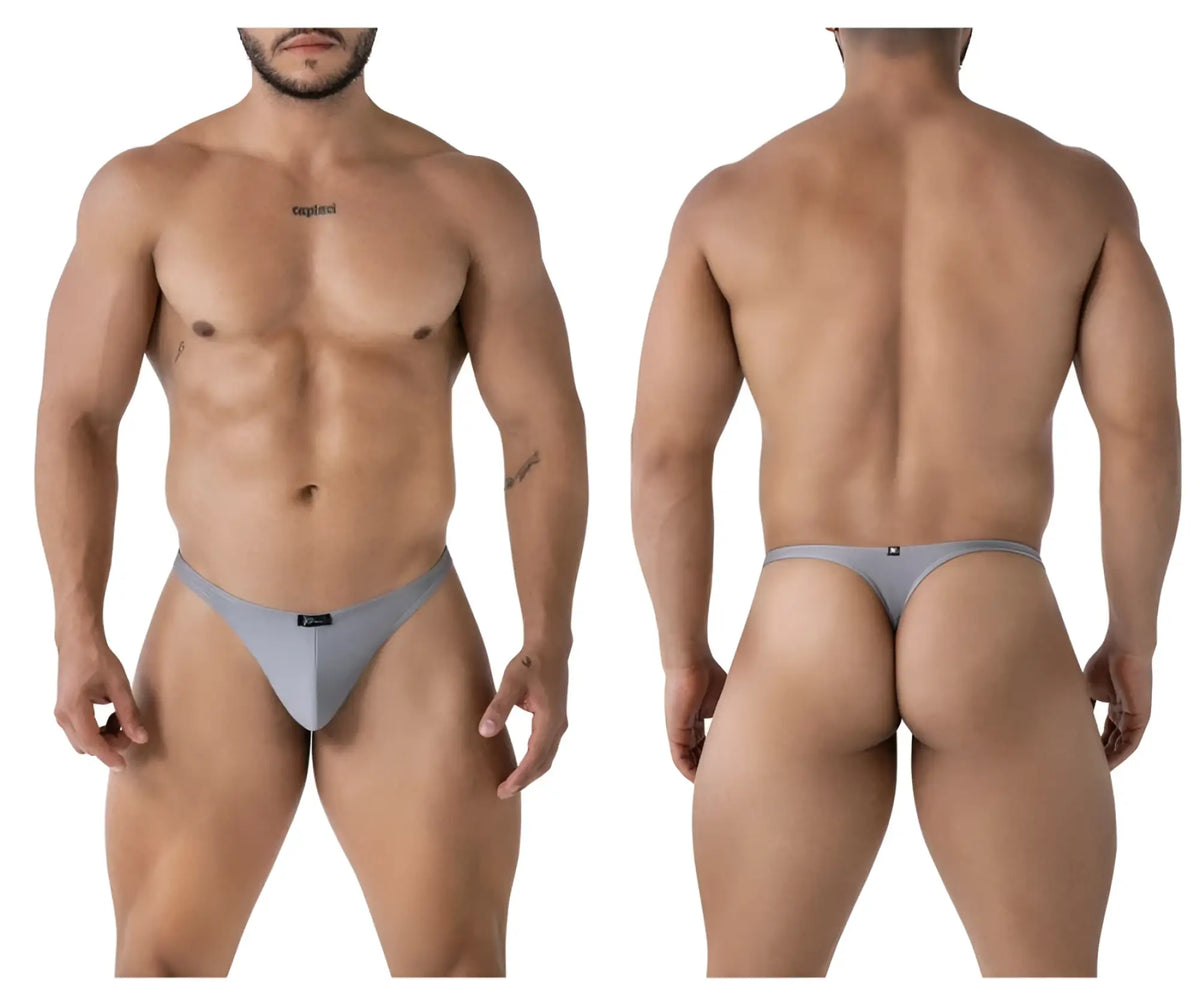 Gray xtremen 91232 microfiber thong with a form-fitting design and small black logo on front and back sides