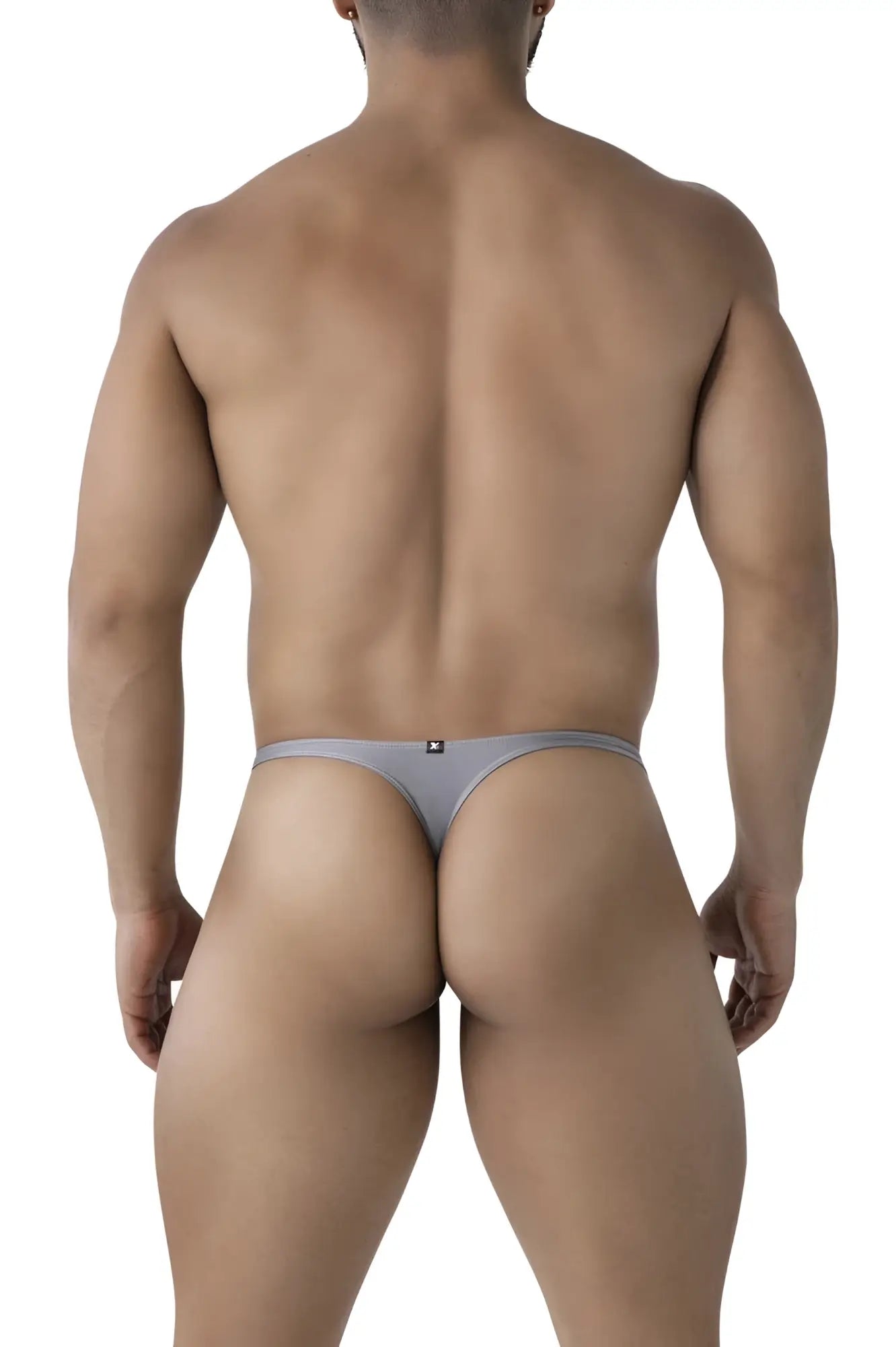 Back side of gray xtremen 91232 microfiber thong with form fitting design and subtle logo on the backband