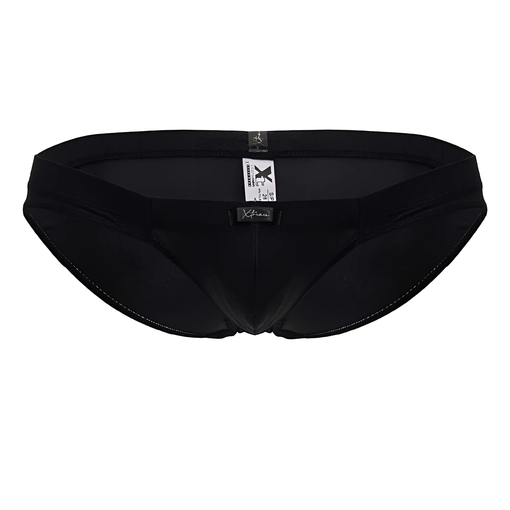 Black xtrmn microfiber briefs with a smooth form-fitting design and subtle stitching details in black color