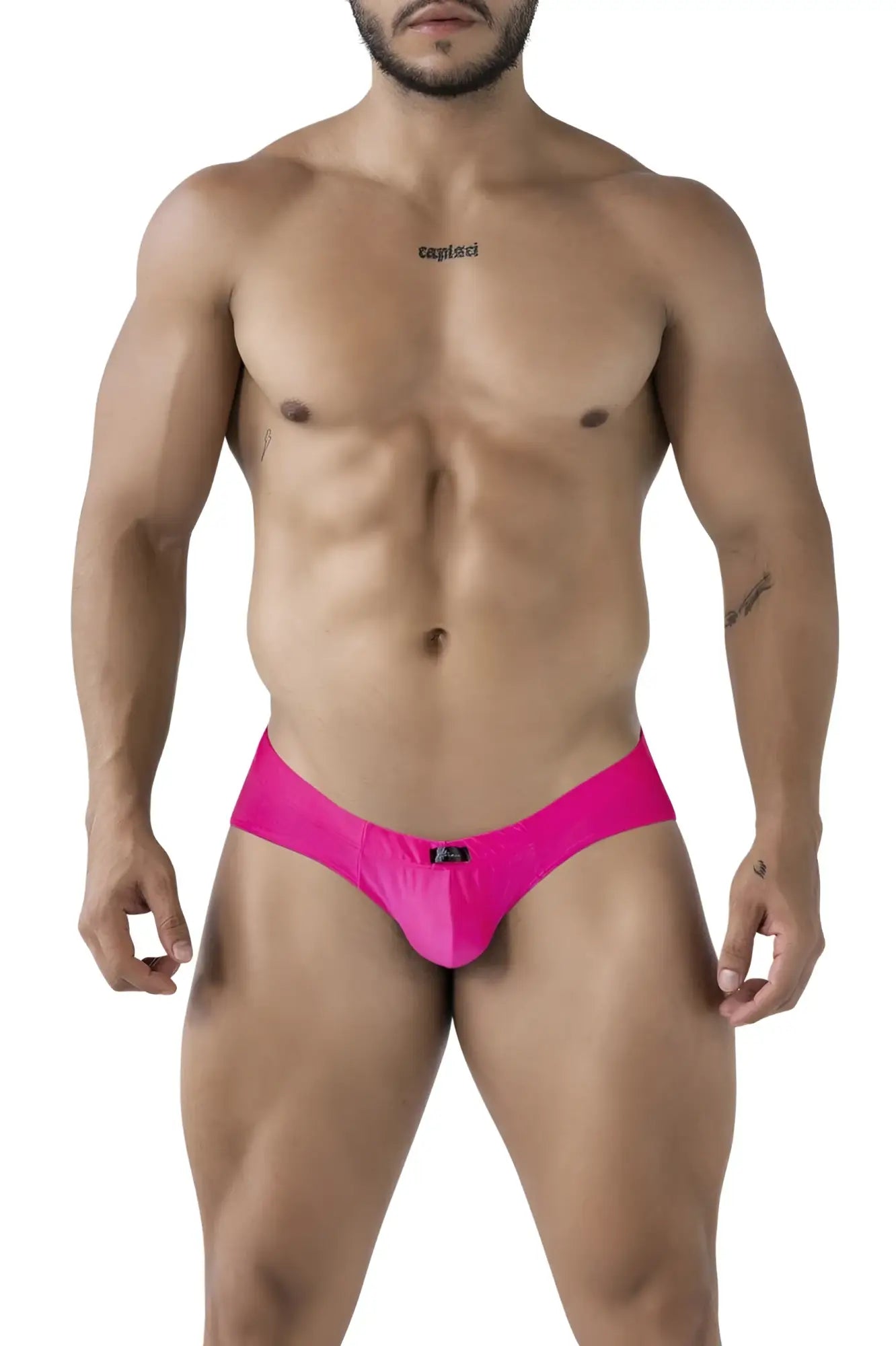 Bright pink xtremen 91233 microfiber briefs for men with sleek smooth fabric and a small black brand tag at the waistband