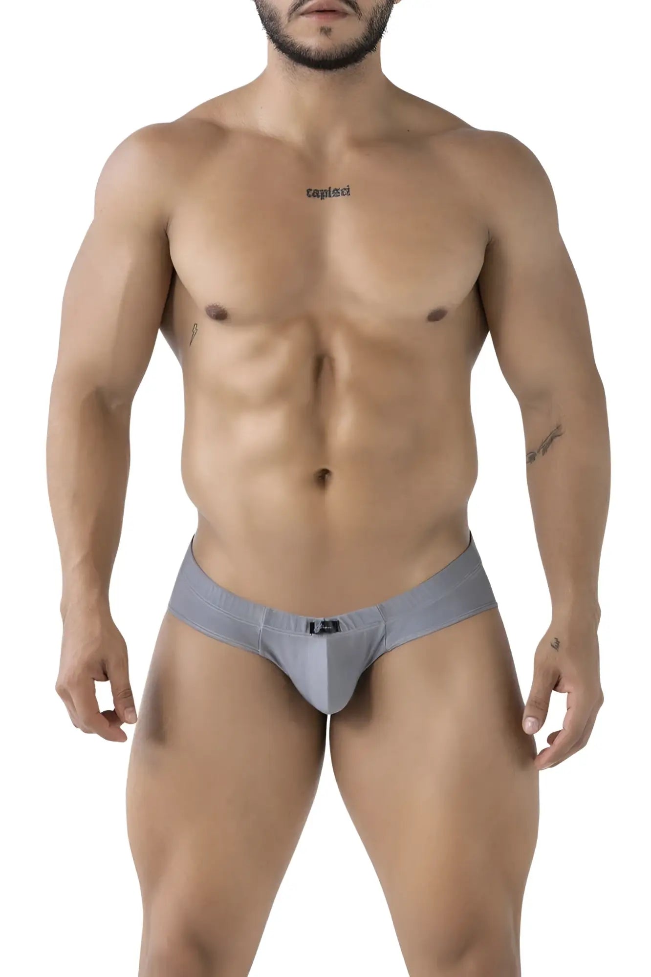 Xtremen 91233 gray microfiber men’s briefs with a subtle logo on the waistband showing the front side