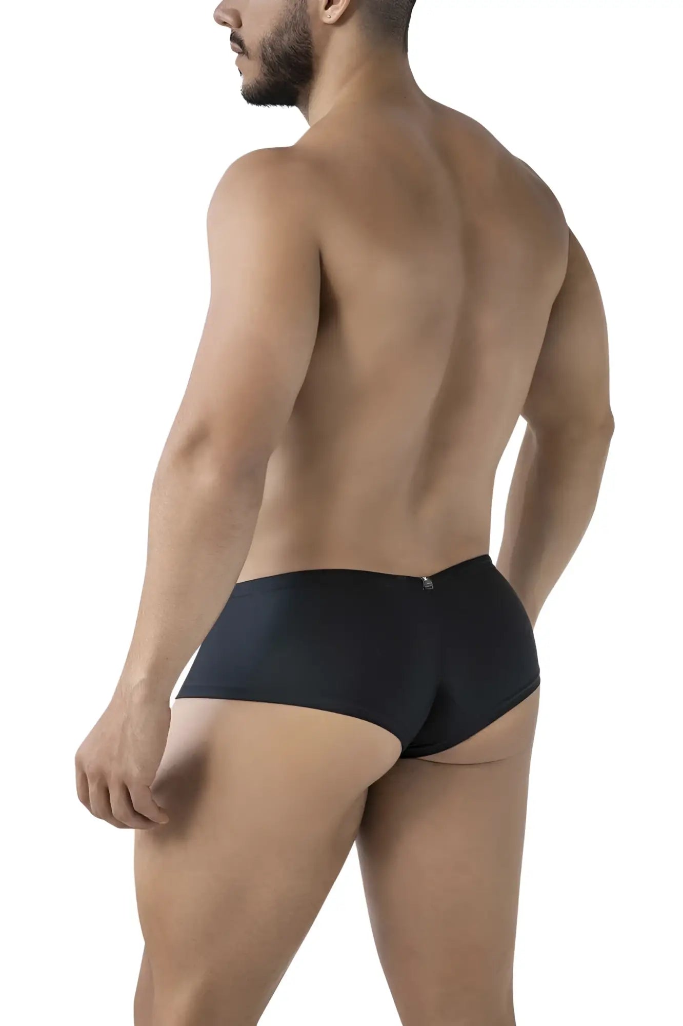 Black xtremen 91234 microfiber trunks back view with sleek form-fitting design and metallic logo on waistband